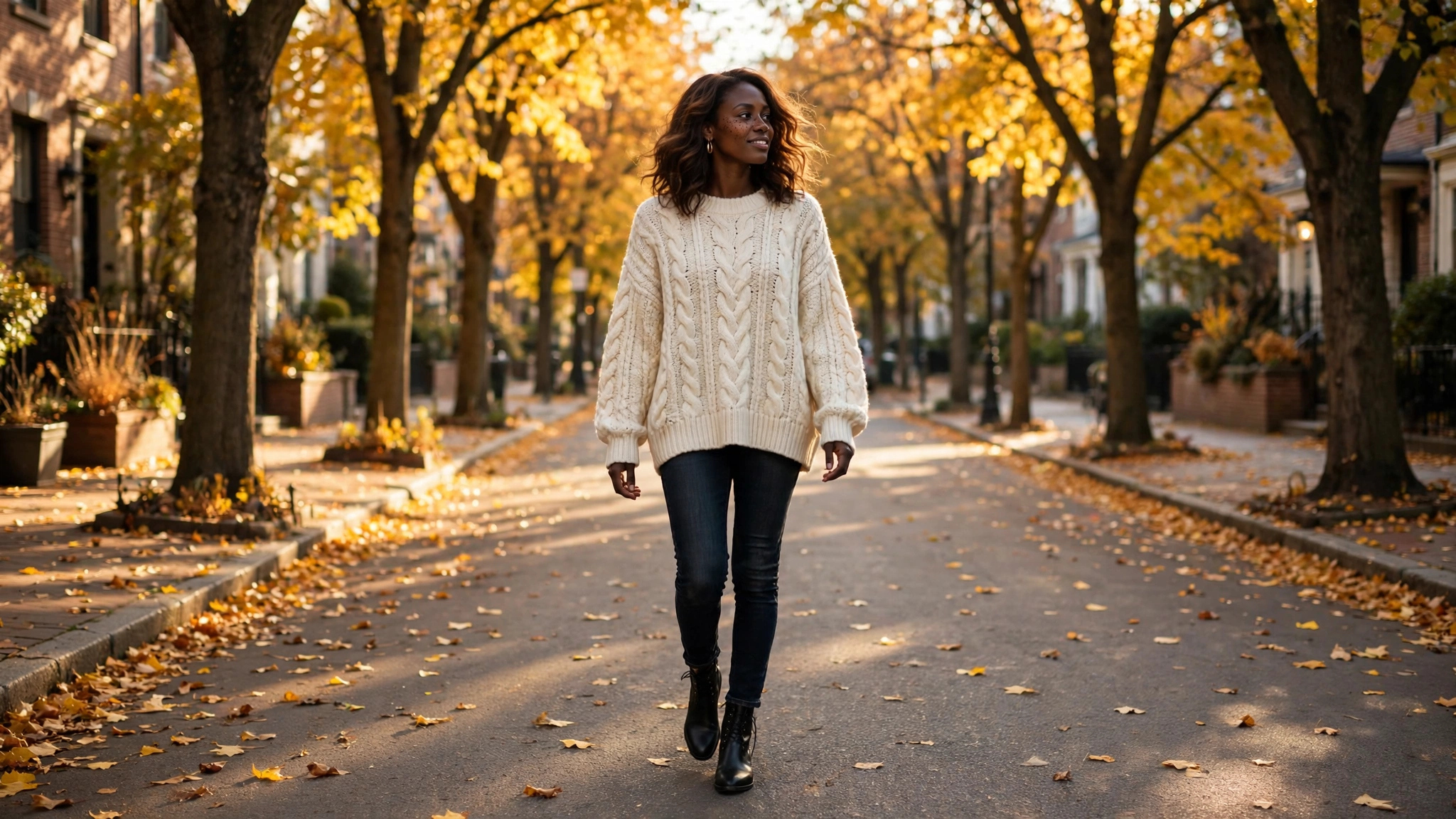 Woman wearing black boots outfits with jeans and sweater for fall