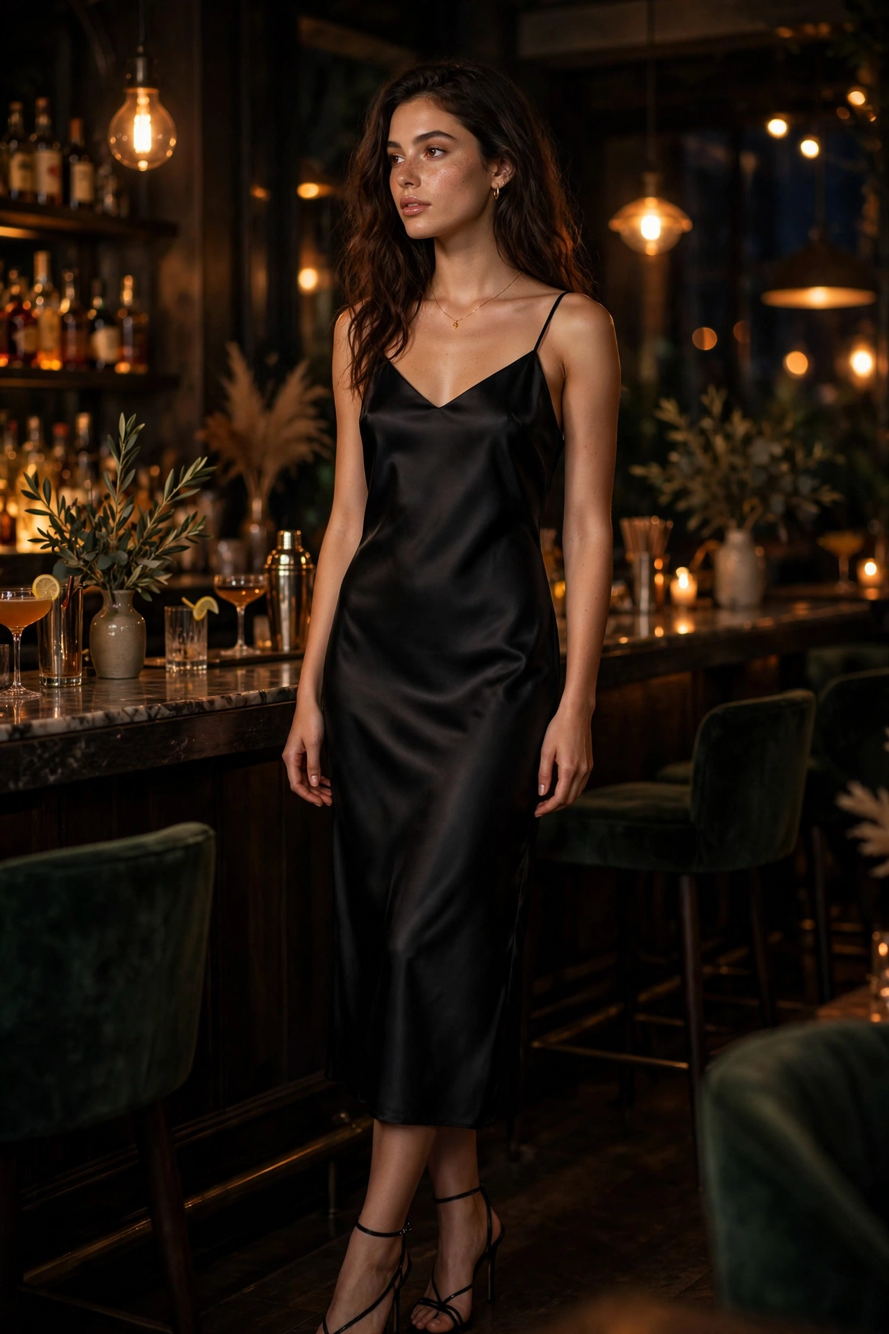 Woman in a classic little black dress with strappy heels and a clutch