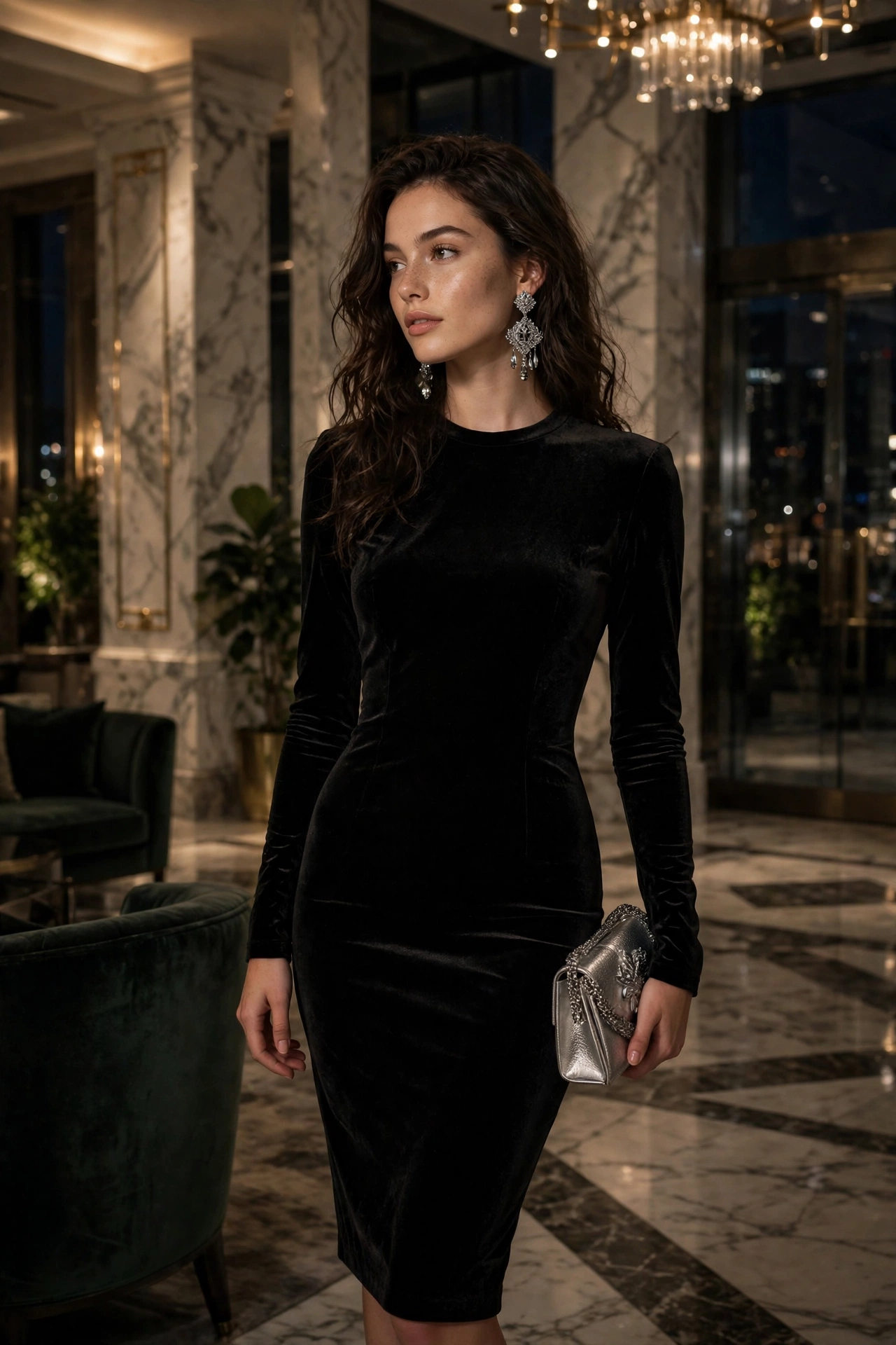 Woman in a black velvet mini dress with heeled ankle boots