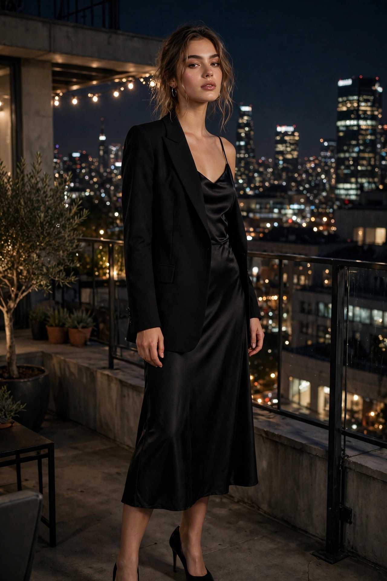 Woman in a bodycon black dress with an oversized blazer and heels