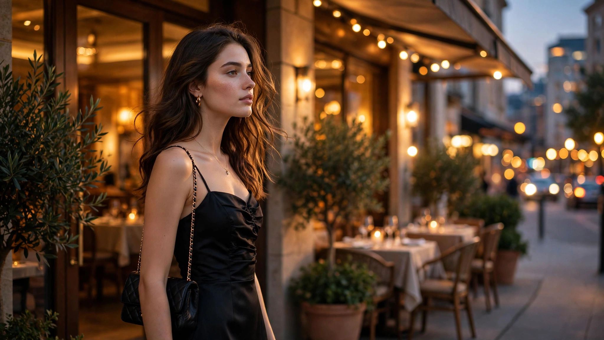 Elegant woman in a black evening dress at a night event, chic night-out fashion