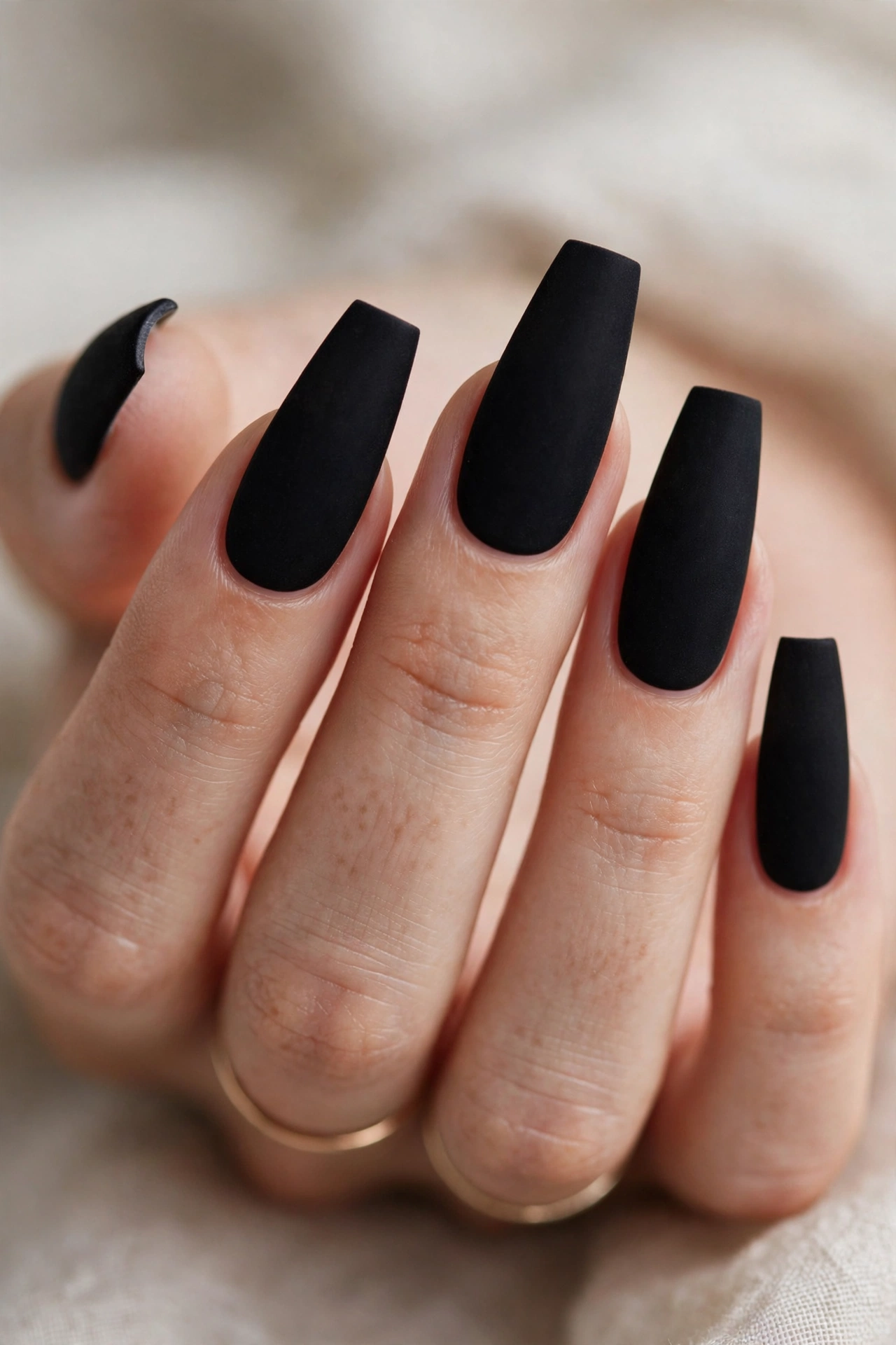 Matte black nail designs with velvety finish on long coffin nails