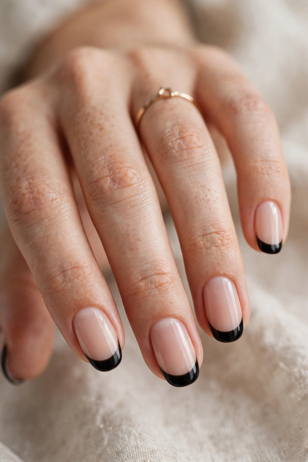 Black french tip nail designs on a nude base for an edgy modern manicure