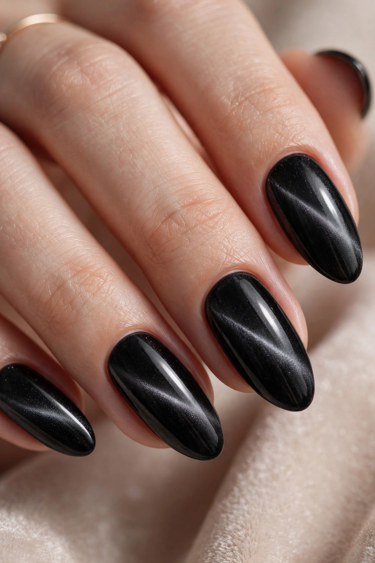 Black cat eye nail designs with magnetic shimmer creating a galaxy effect