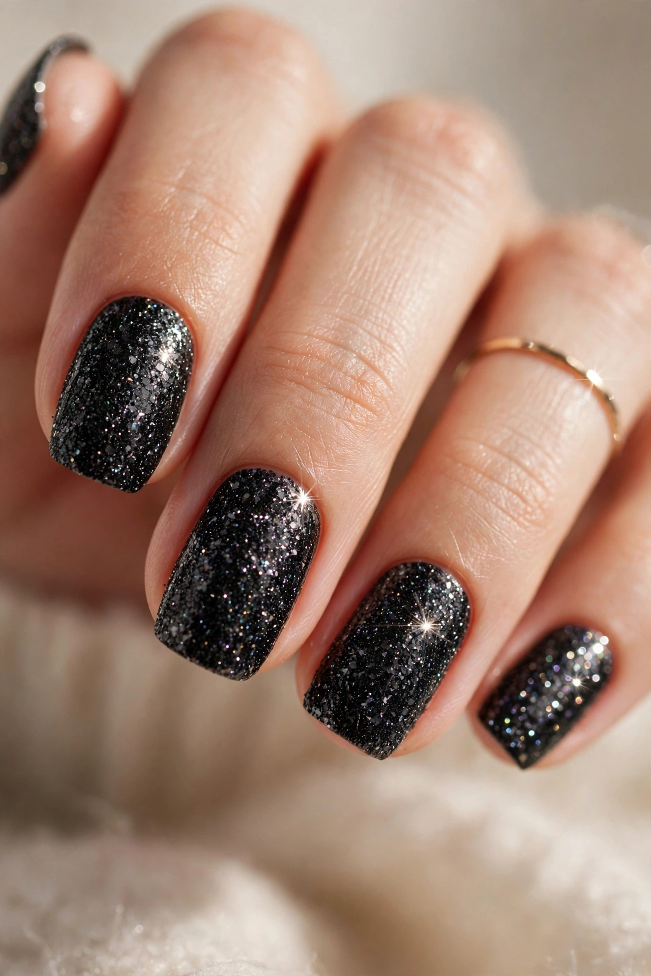 Black glitter nail designs with sparkling holographic glitter for night looks
