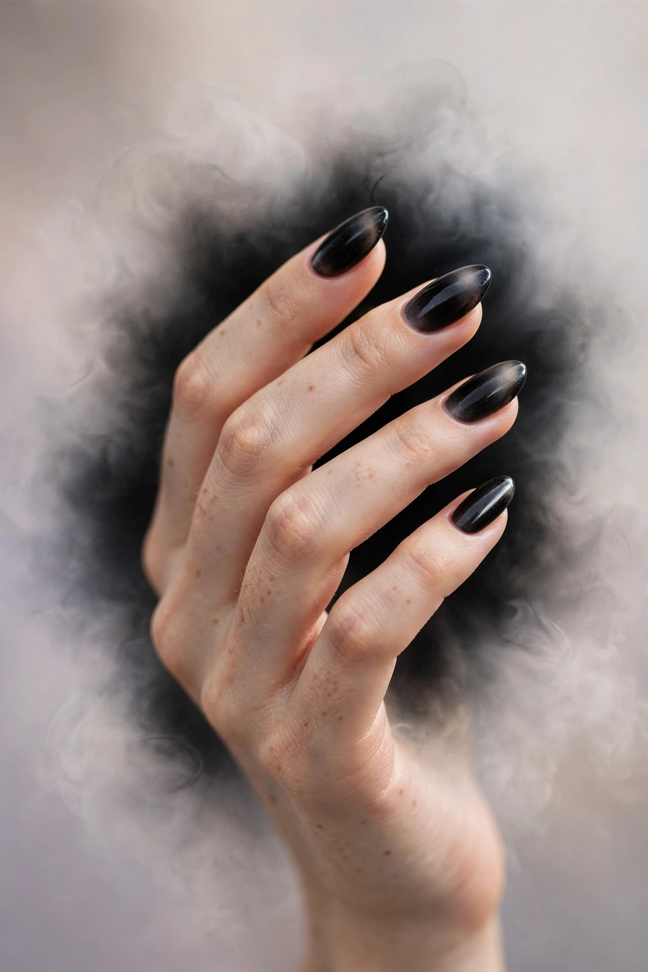 Black aura nail designs with a smoky glowing centre fading to dark edges