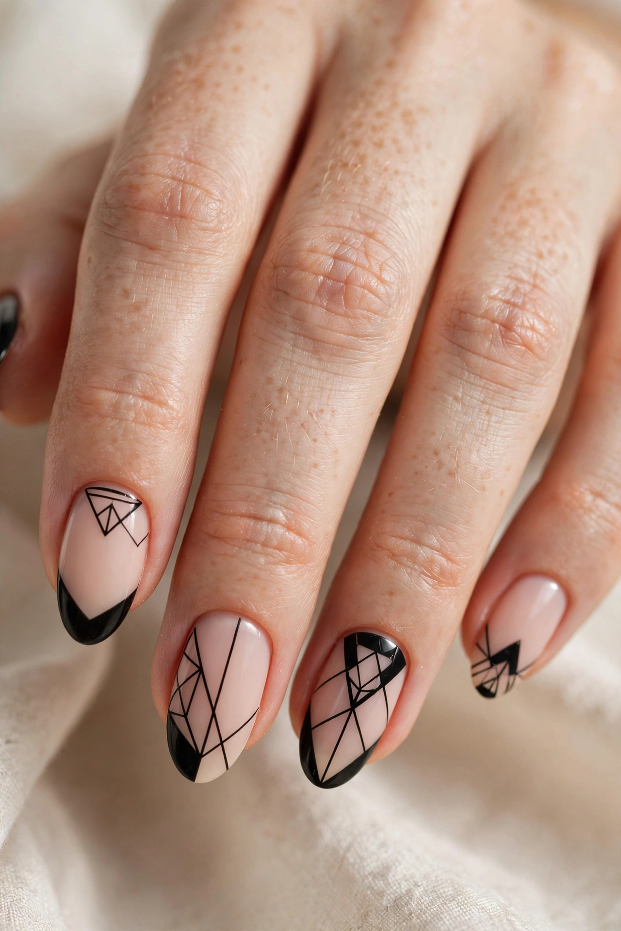 Black negative space nail designs with geometric patterns on bare nude nails