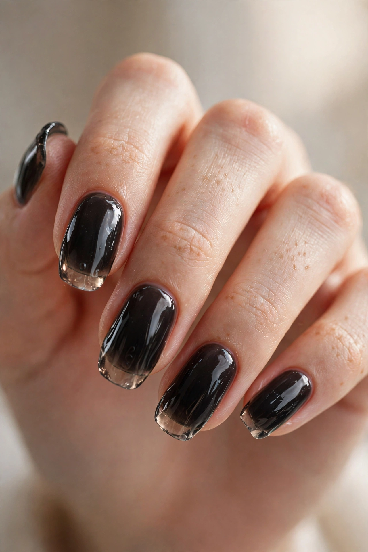 Black jelly nail designs with translucent smoky glossy finish
