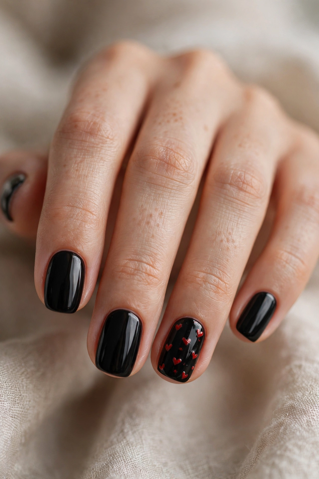 Black heart nail designs with small heart accents on glossy black nails