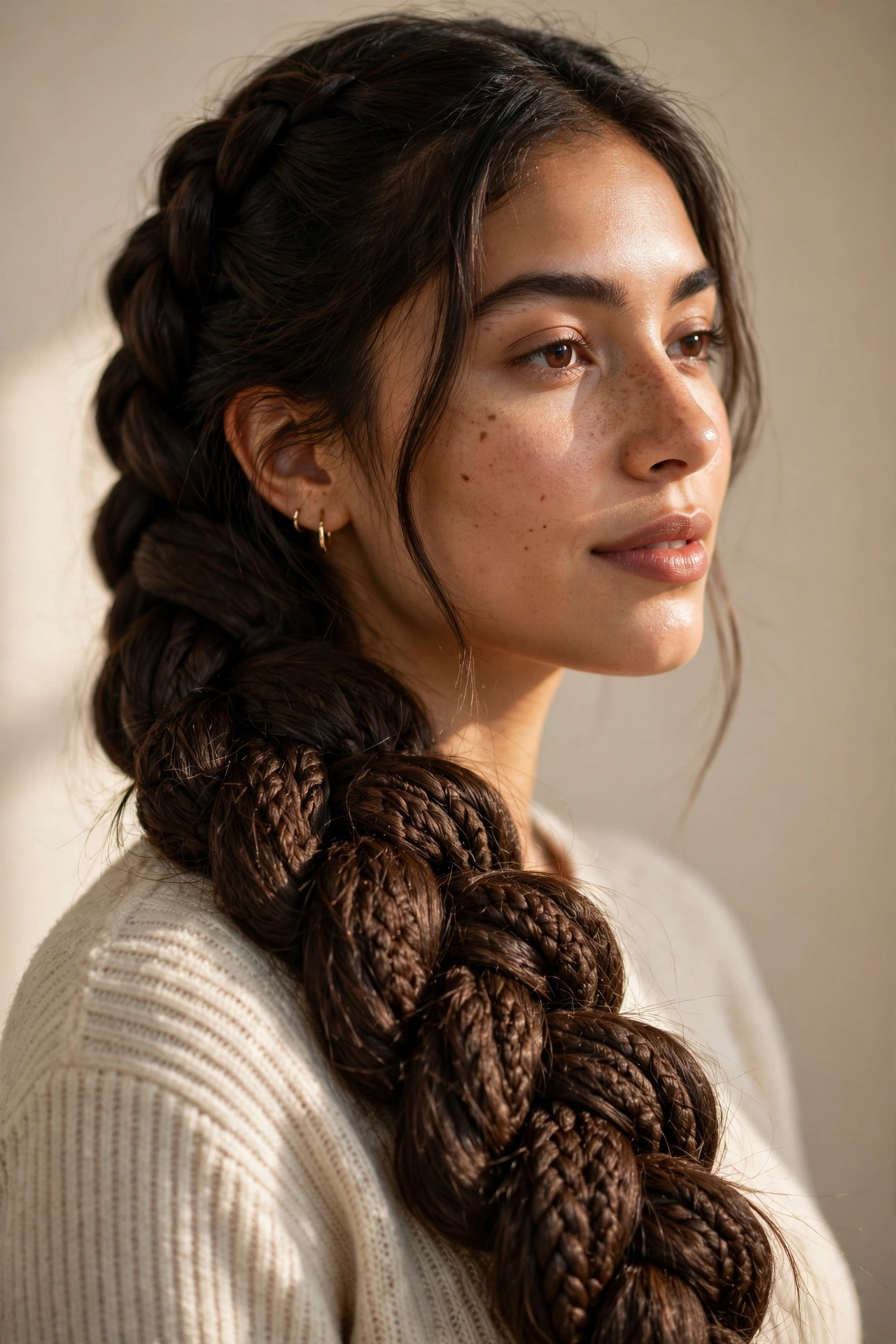 Woman with a voluminous Dutch braid, a bold braided hairstyle idea