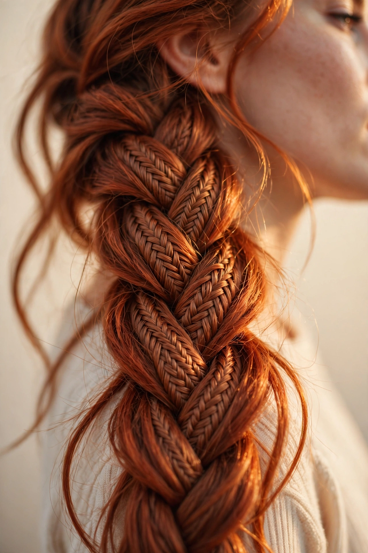 Woman with a fishtail braid over her shoulder, a bohemian braided hairstyle idea