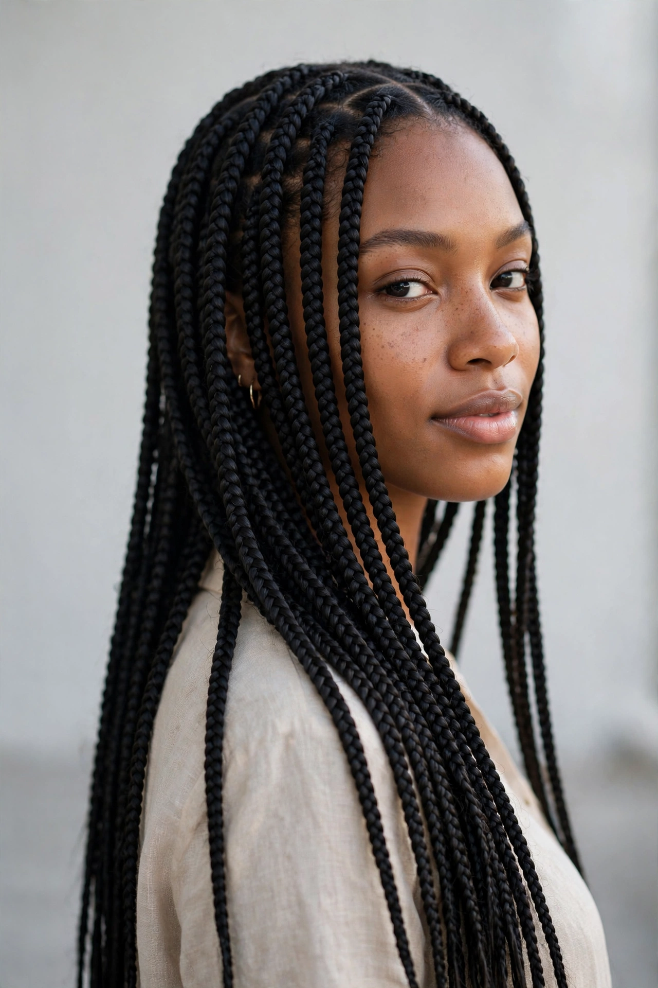 Woman with long box braids, a versatile braided hairstyle idea