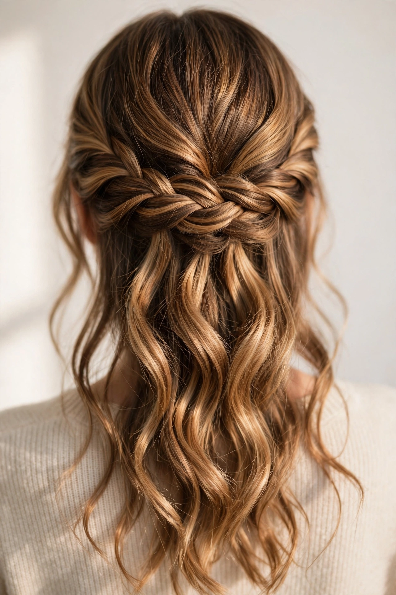 Woman with a waterfall braid in wavy hair, a romantic braided hairstyle idea