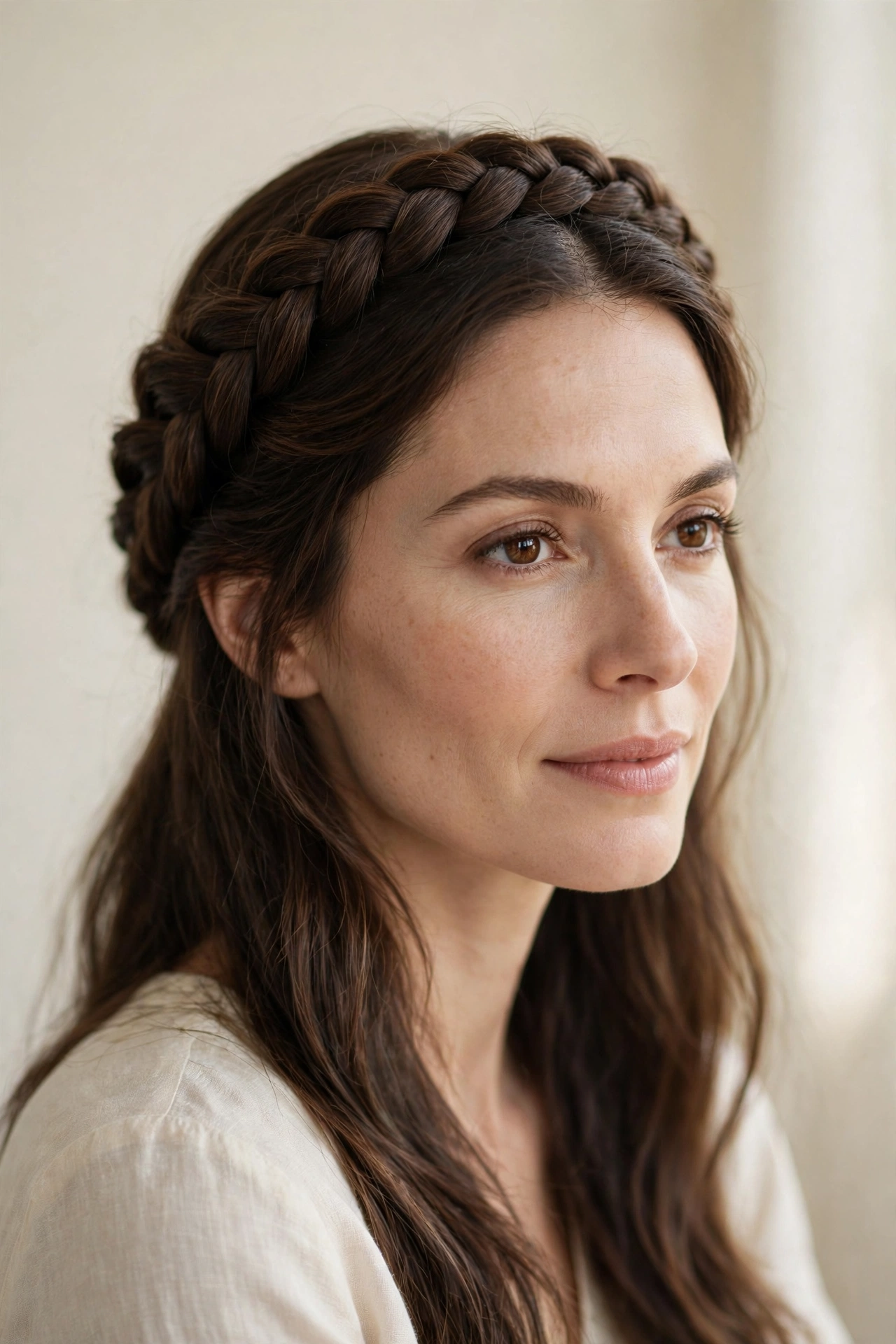 Woman with a crown braid halo, an elegant braided hairstyle idea for events