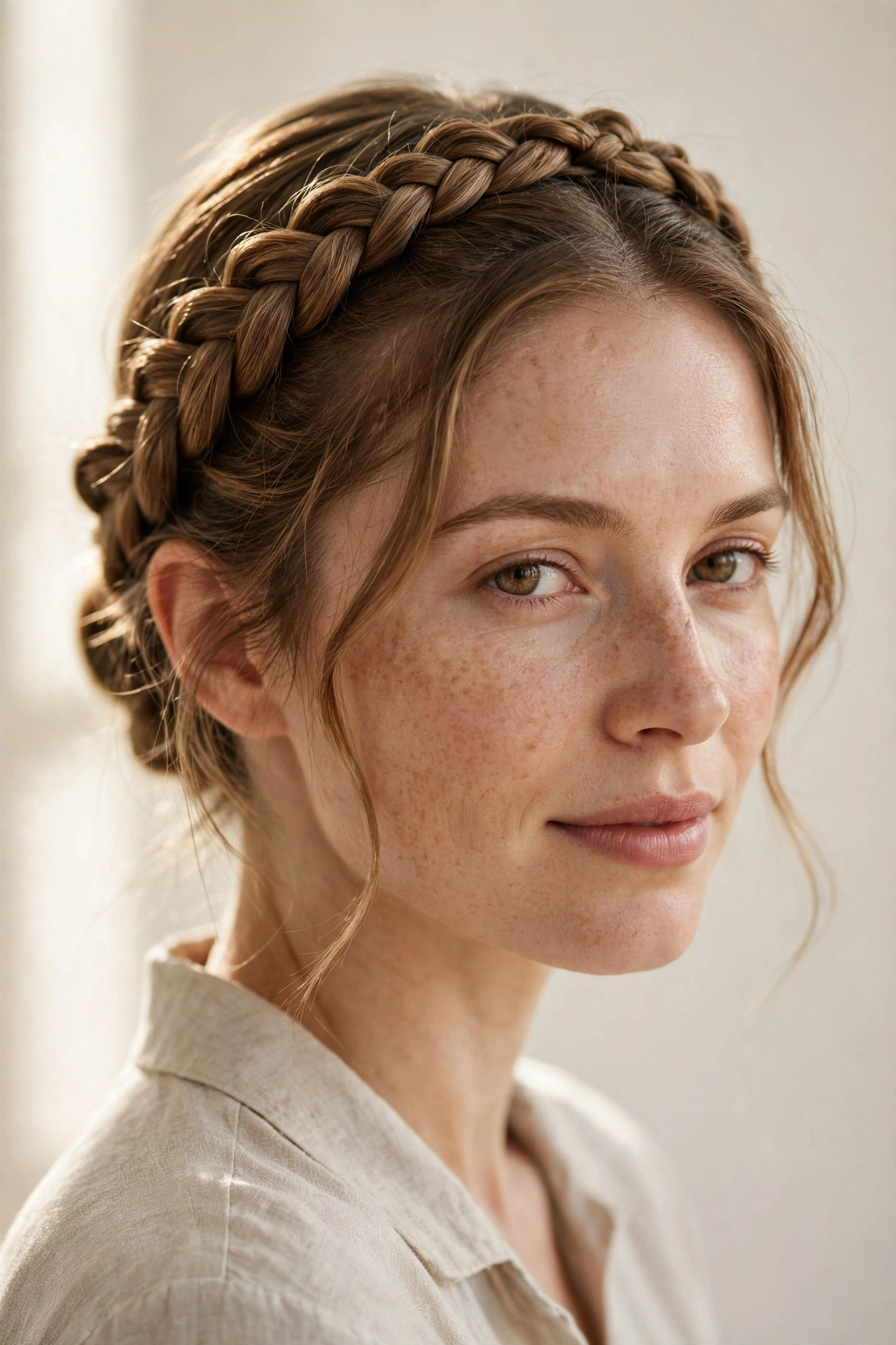 Woman with a milkmaid braid, a vintage-inspired braided hairstyle idea