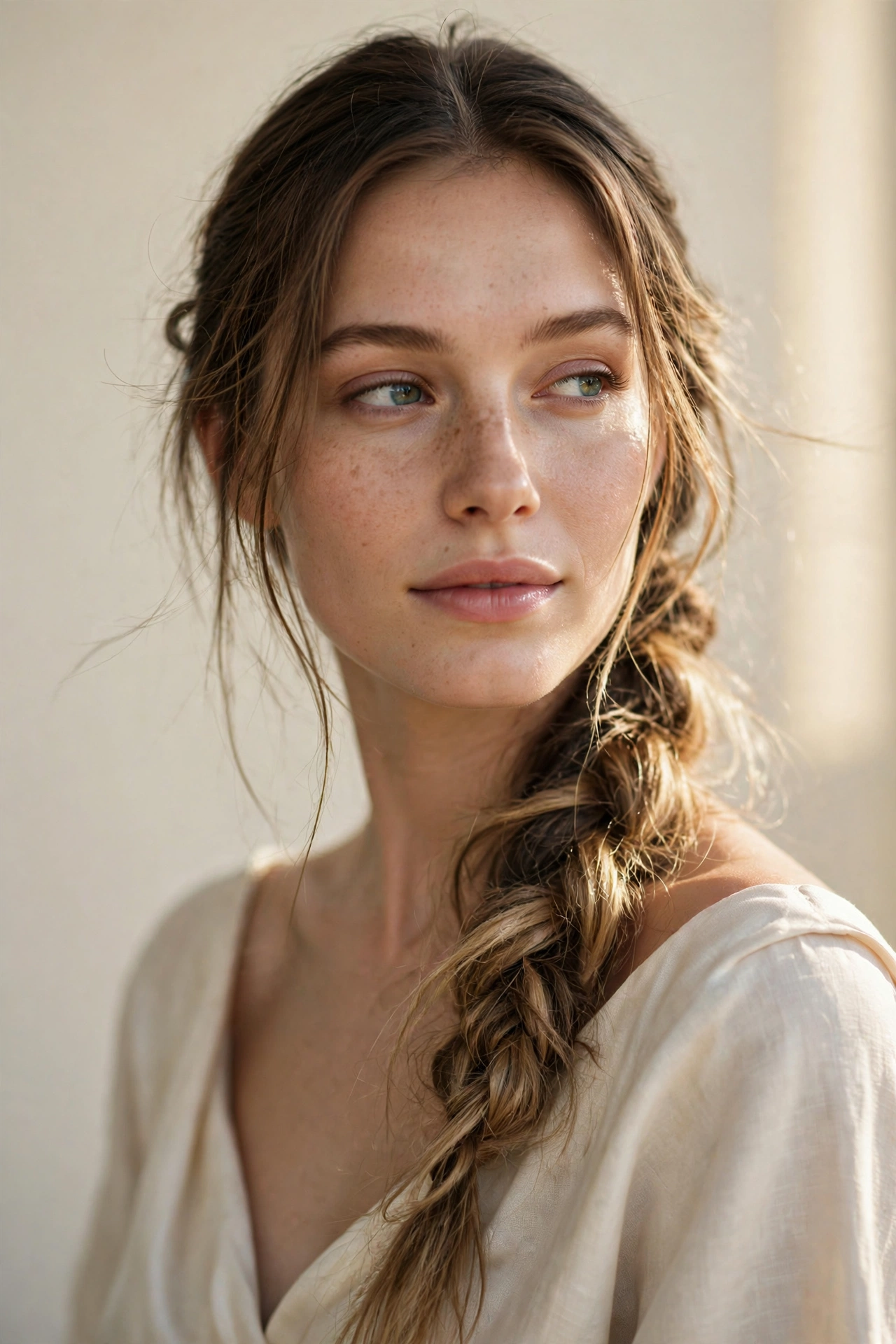 Woman with a loose side-swept braid, an easy braided hairstyle idea