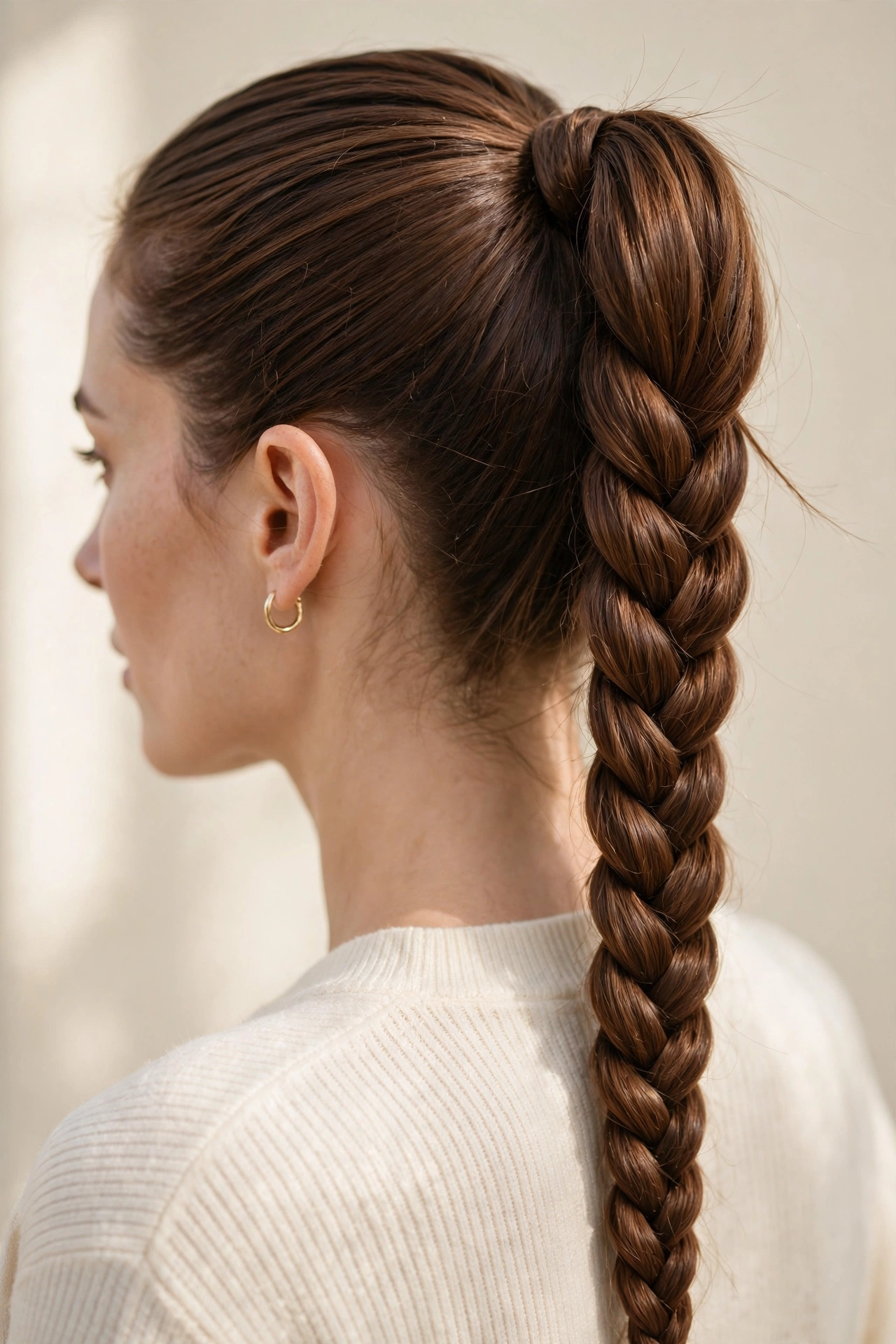Woman with a braided ponytail, a polished braided hairstyle idea