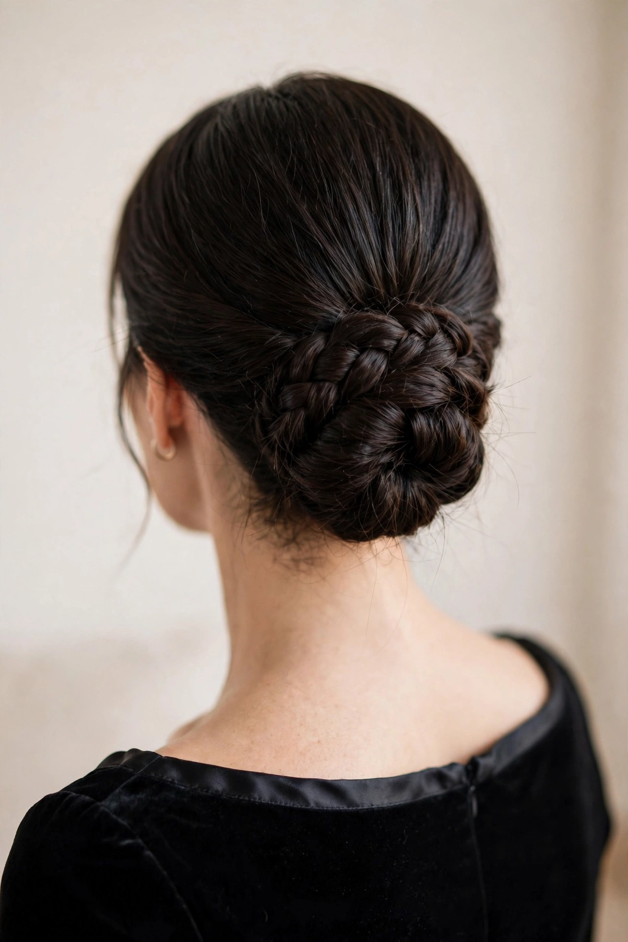 Woman with a low braided bun, a formal braided hairstyle idea