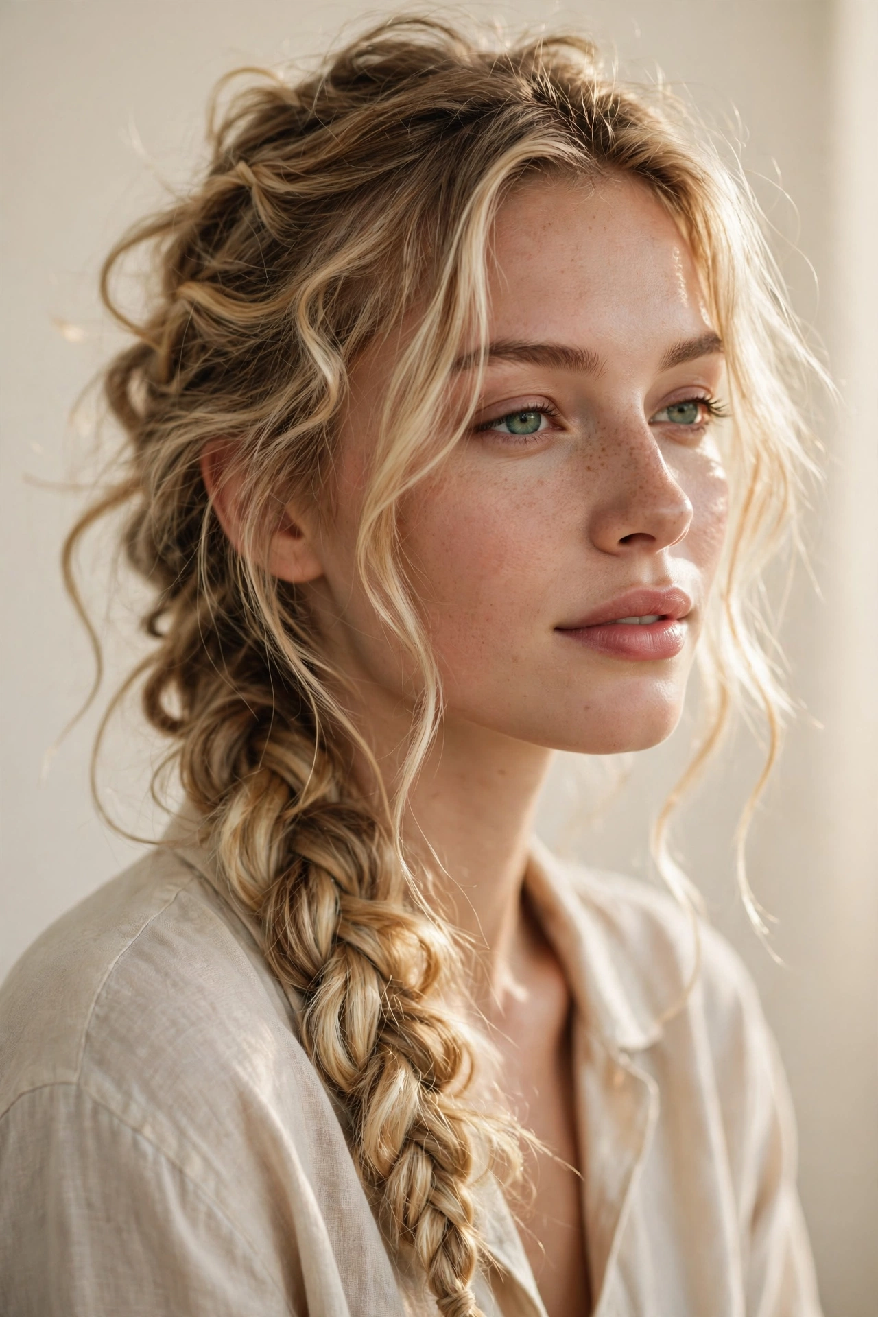 Woman with a messy boho side braid, a relaxed braided hairstyle idea