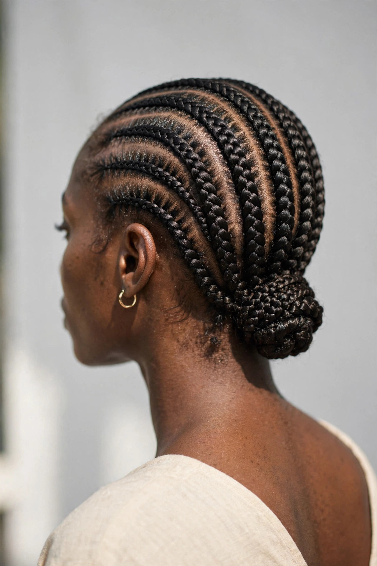 Woman with cornrows in a low bun, a protective braided hairstyle idea