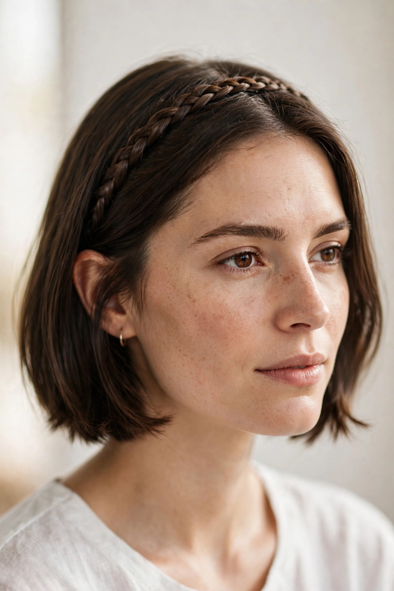 Woman with a braided headband on a bob, a braided hairstyle idea for short hair