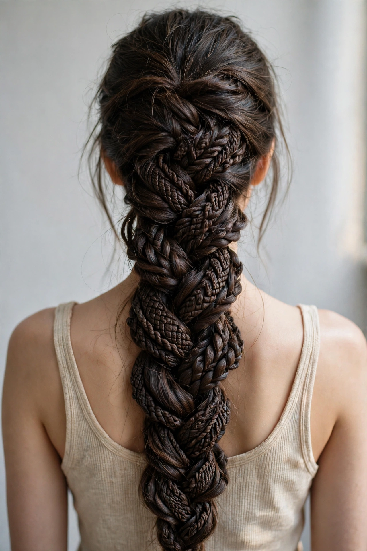Woman with a bold dragon braid, a statement braided hairstyle idea