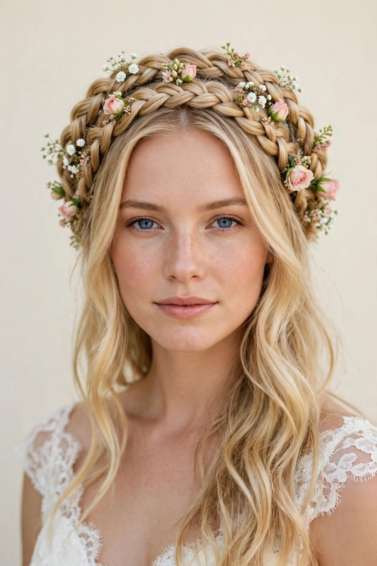 Bride wearing a bohemian braided crown with fresh flowers, a dreamy bridal hairstyle idea