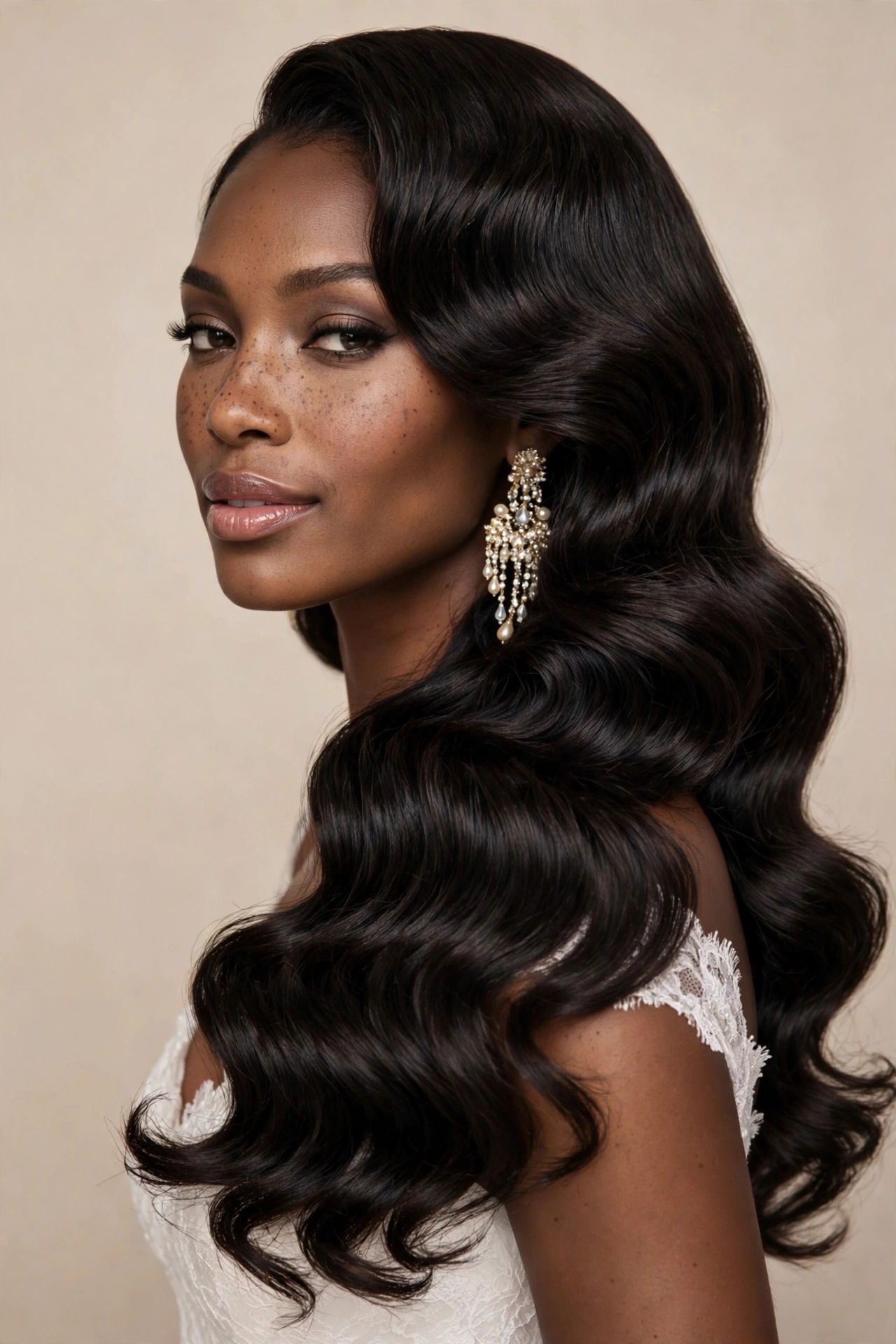 Bride with glamorous soft Hollywood waves, a red-carpet bridal hairstyle idea