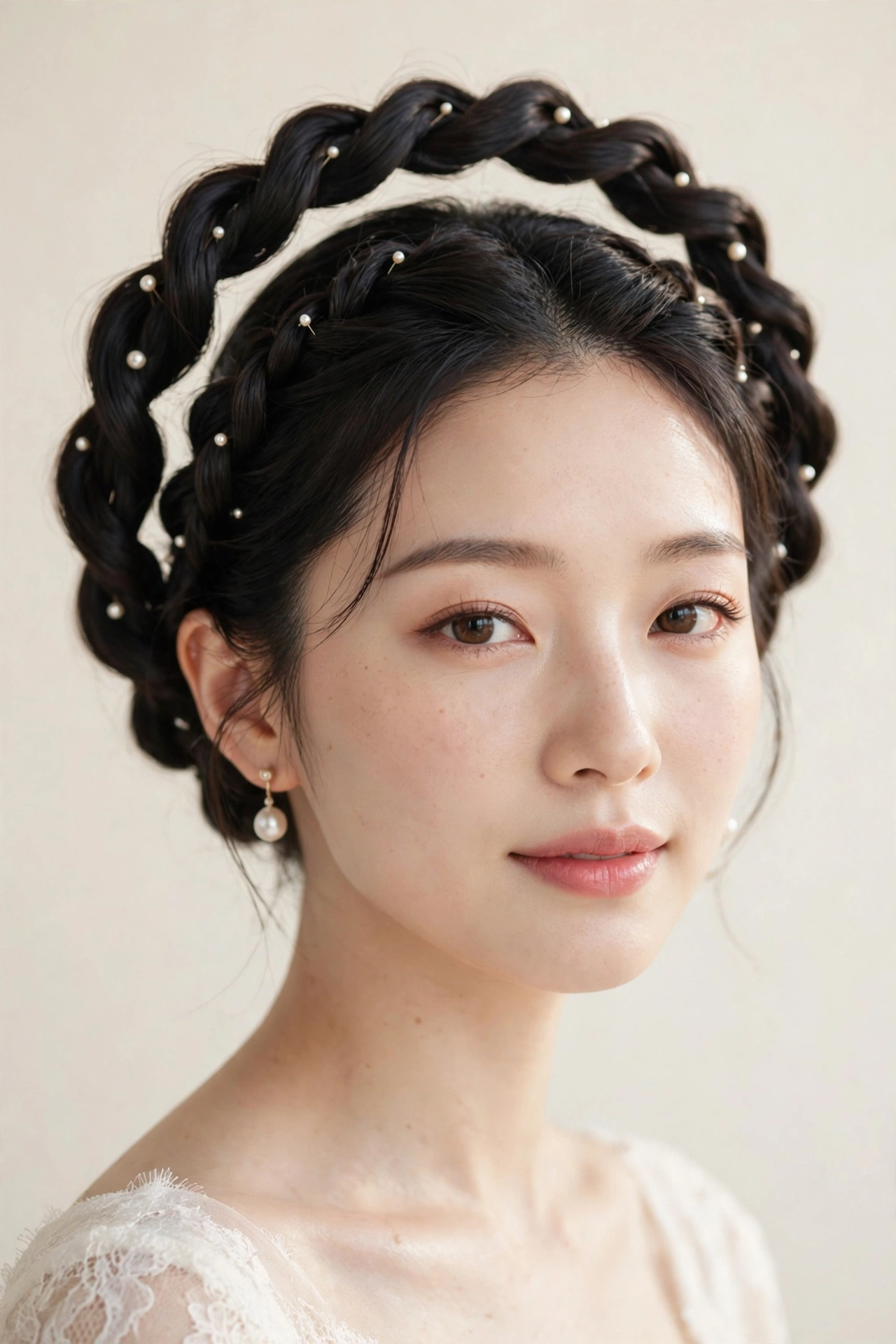 Bride with an elegant twisted halo hairstyle with pearl accents, a regal bridal hairstyle idea