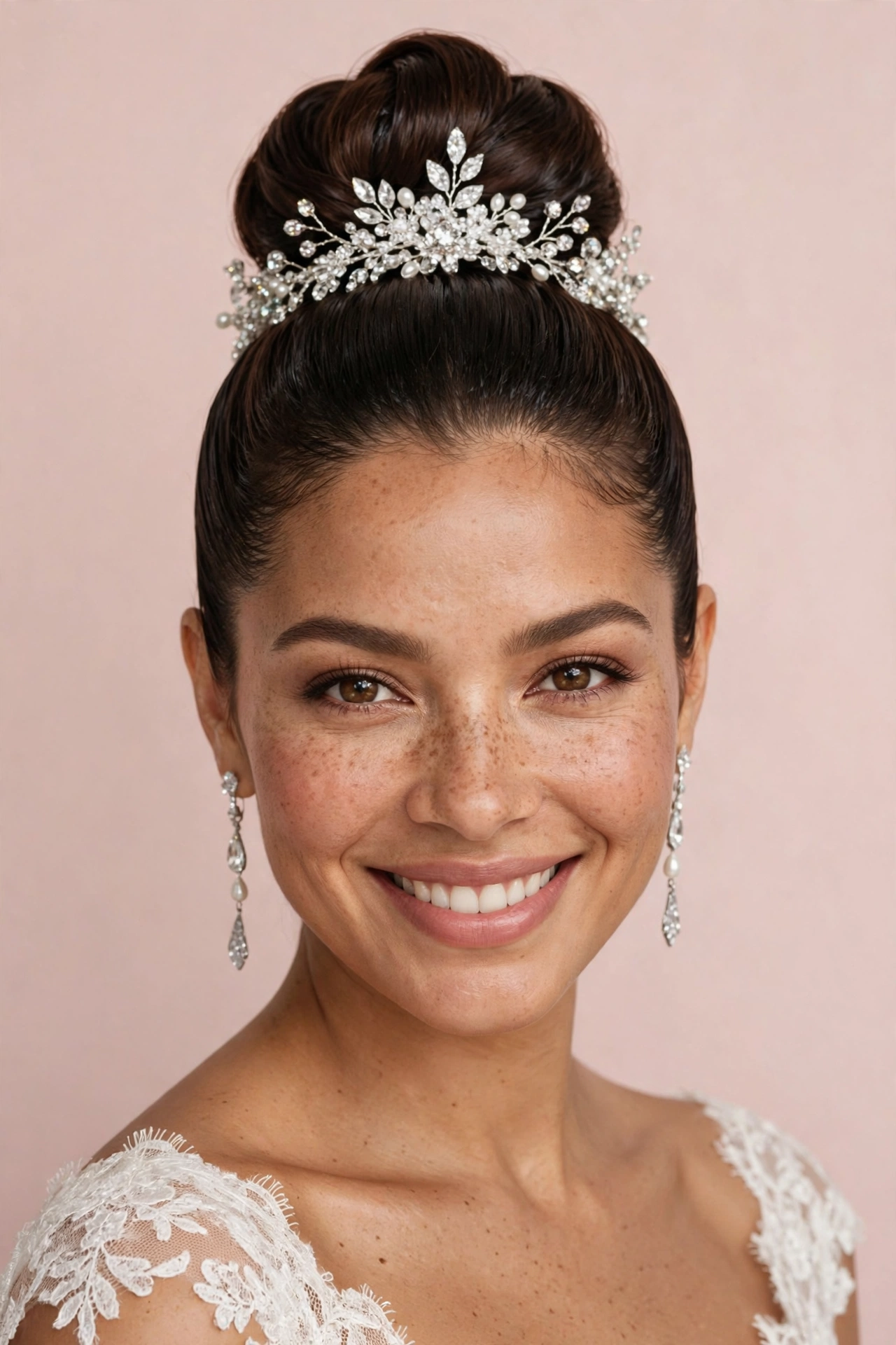 Bride with an elegant high bun and statement hairpiece, a polished bridal hairstyle idea