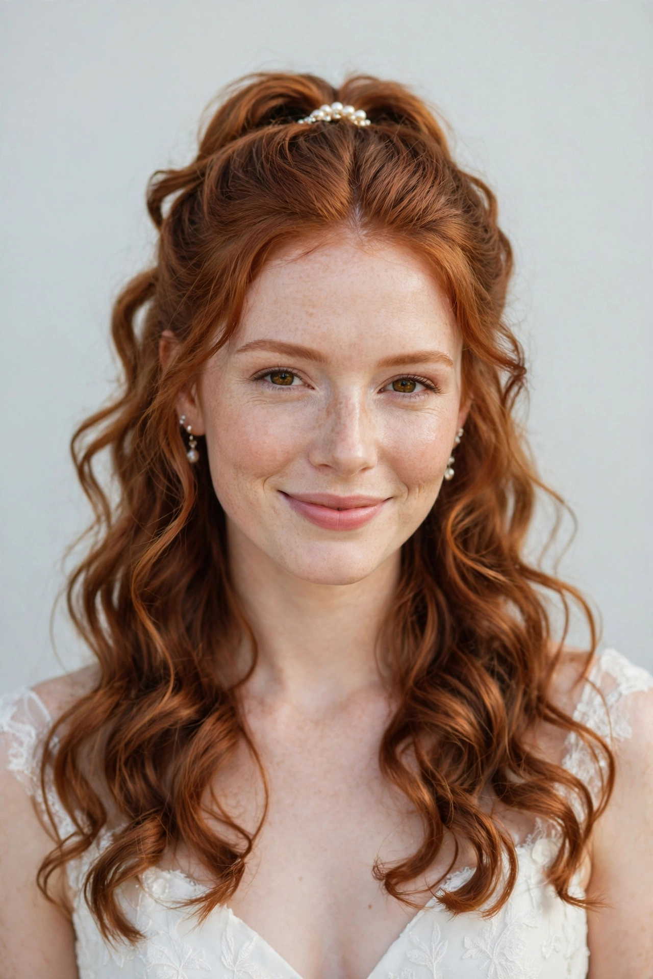 Bride with a romantic half-up hairstyle and loose curls, a versatile bridal hairstyle idea
