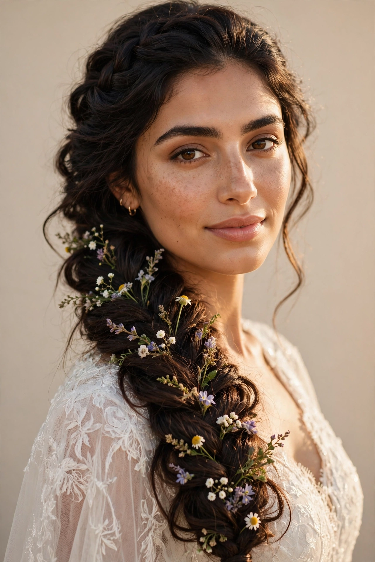 Bride with a bohemian fishtail braid, a relaxed textured bridal hairstyle idea