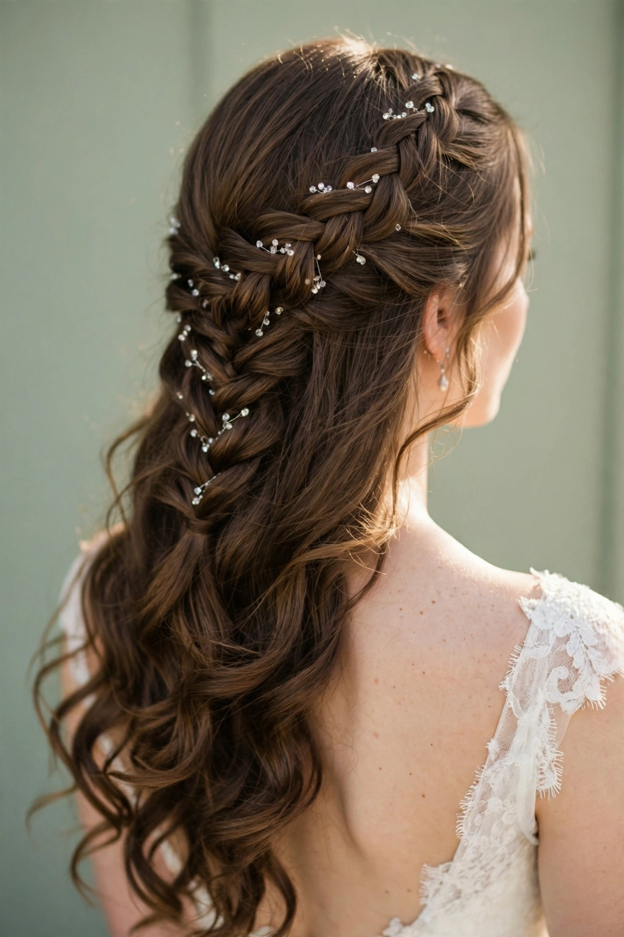 Bride with a waterfall braid and cascading curls, an enchanting bridal hairstyle idea