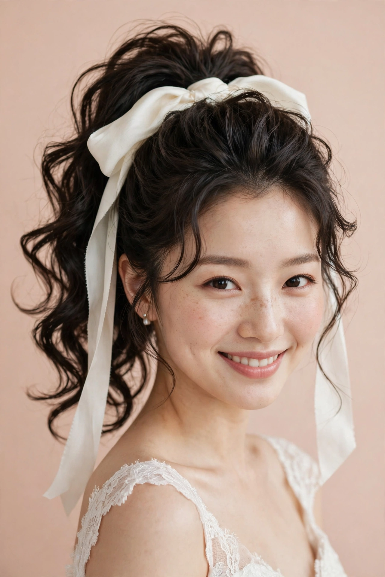 Bride with a chic textured ponytail tied with a silk ribbon, a playful modern bridal hairstyle idea