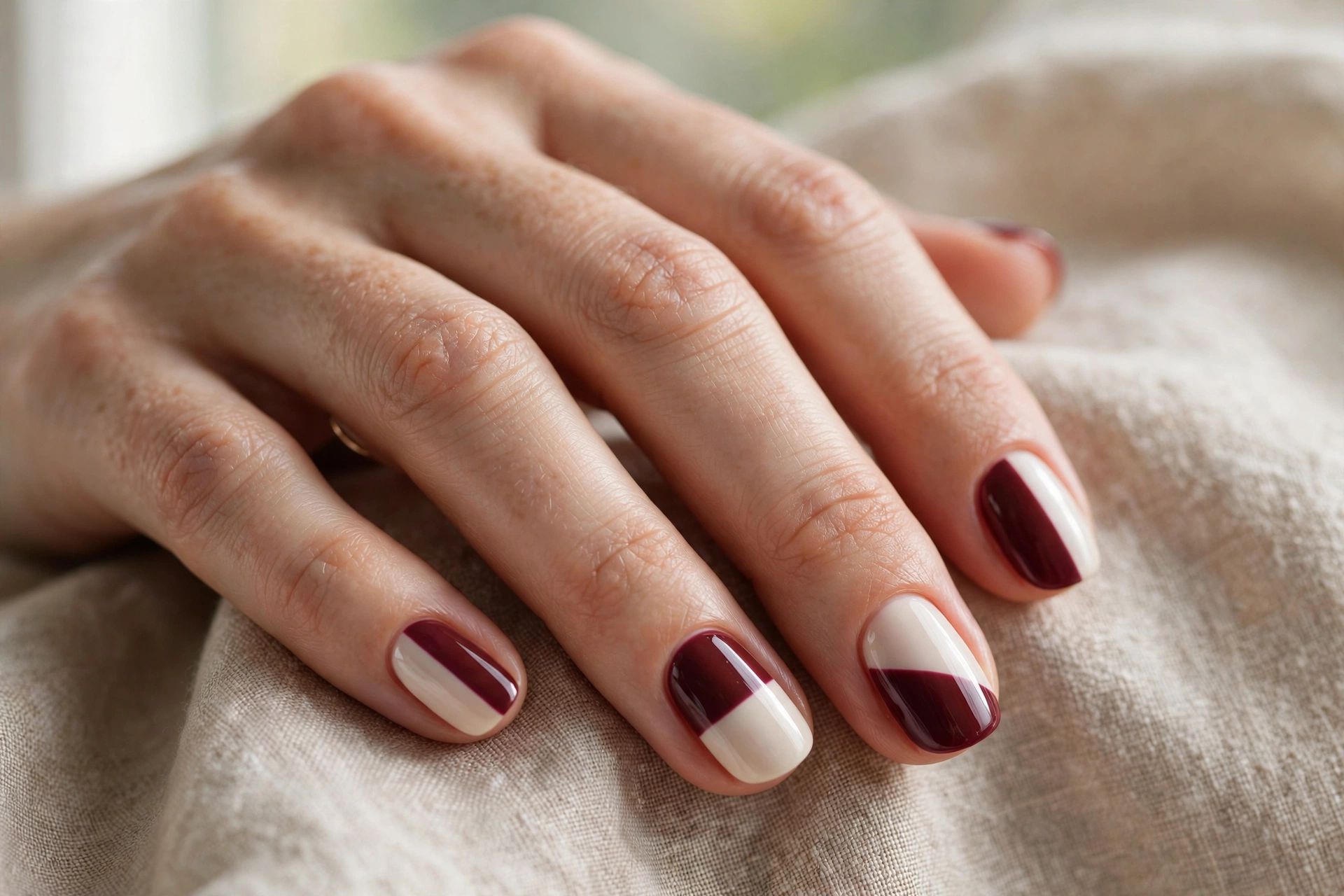 burgundy cream colour-block nails christmas nail designs