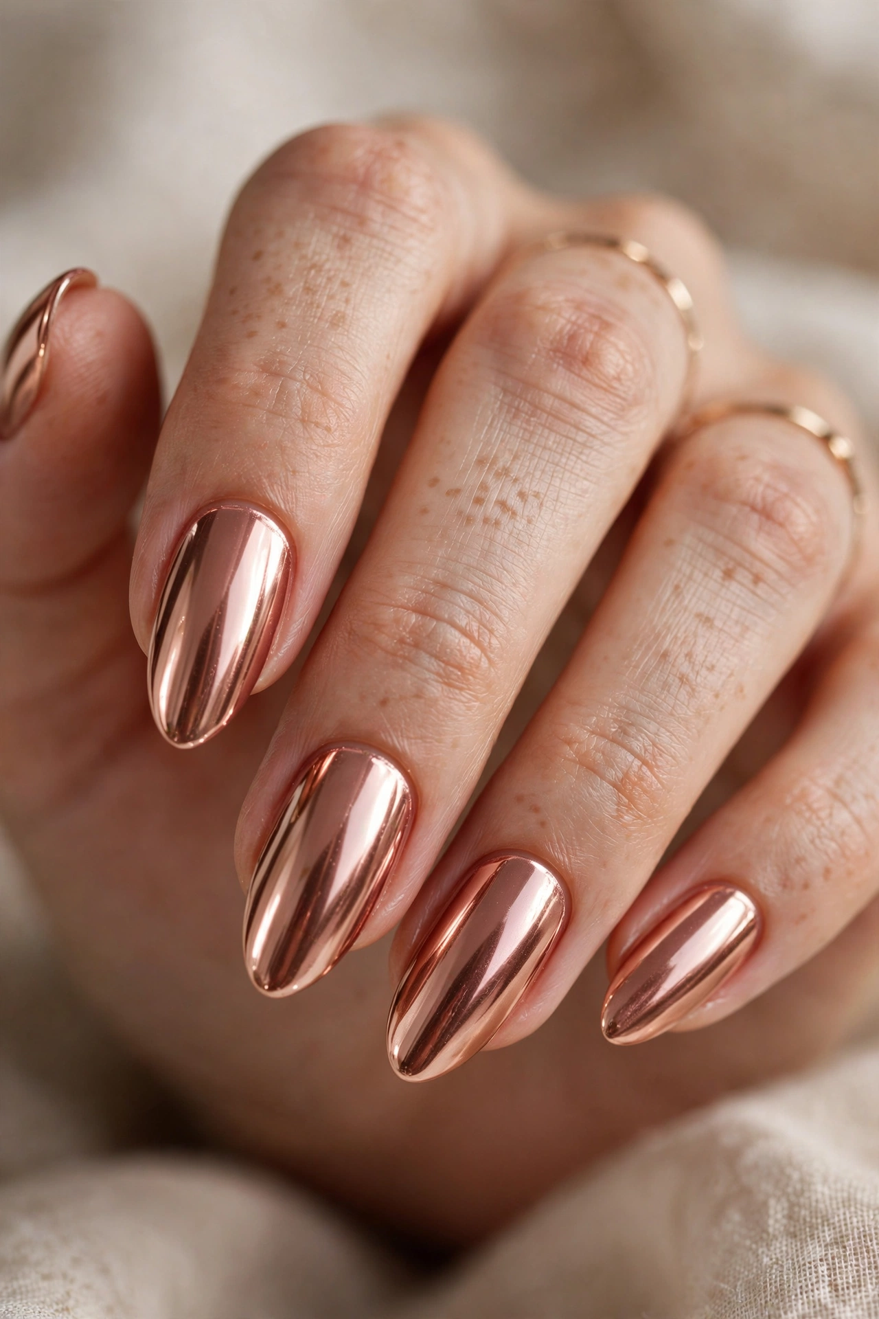 Rose gold chrome nail designs with a soft pink metallic mirror shine