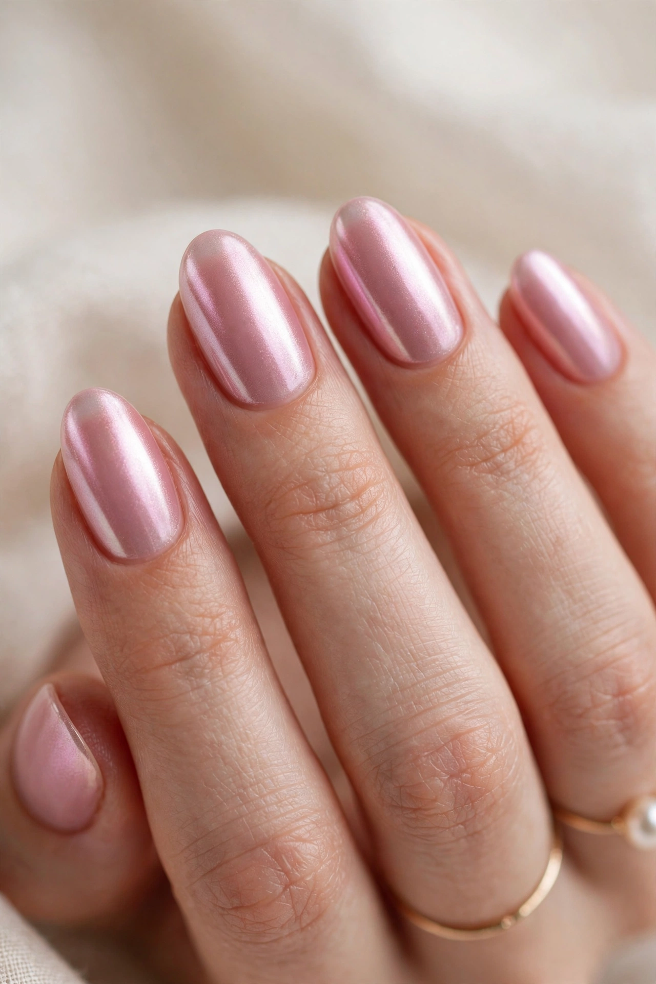 Pink glazed donut chrome nail designs with a pearly shimmer finish