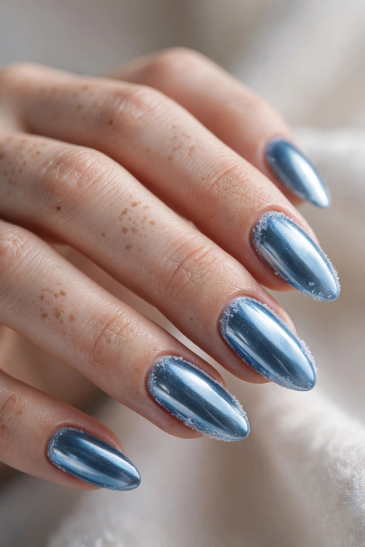 Icy blue chrome nail designs with a cool metallic mirror shine