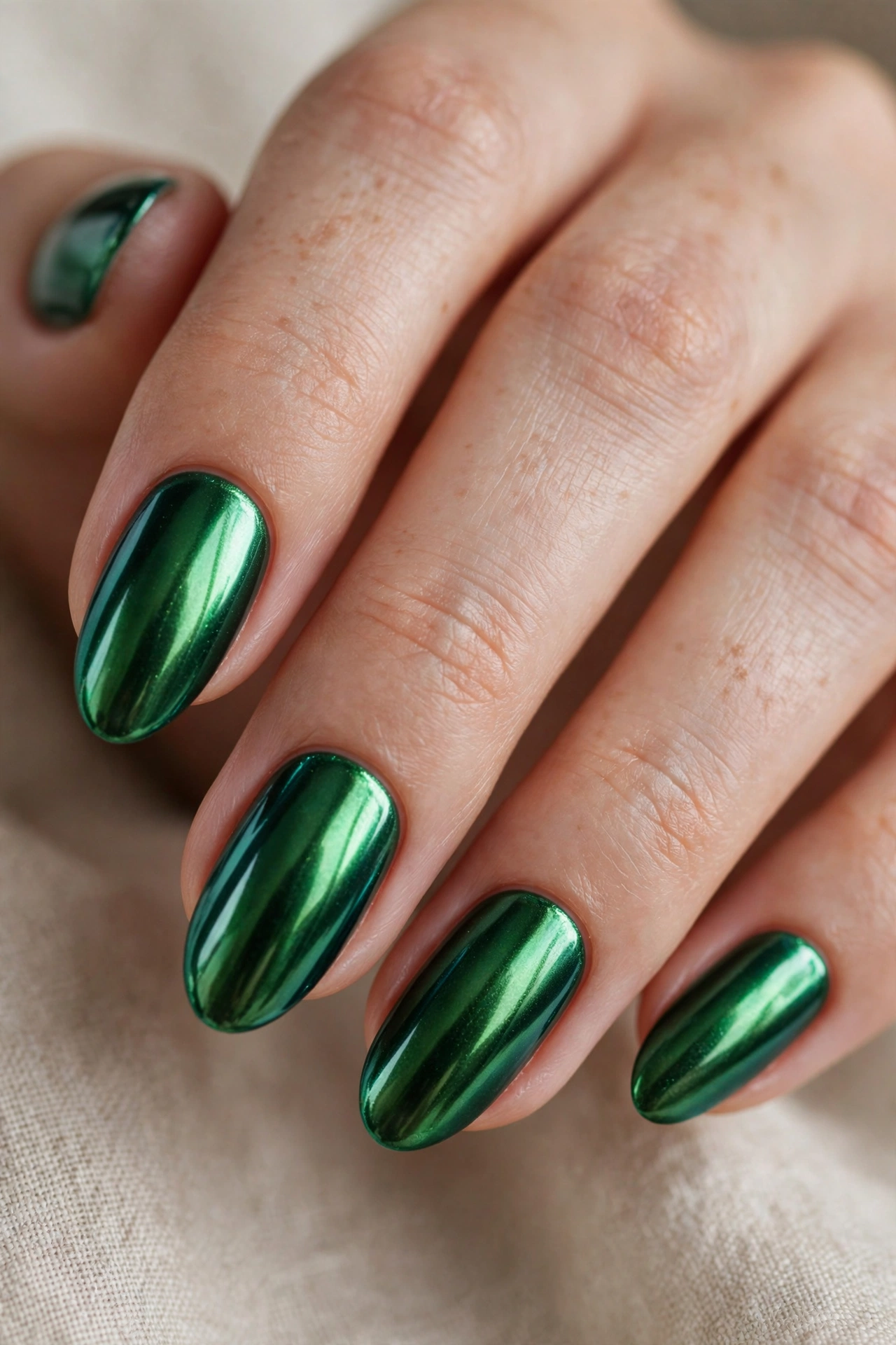 Emerald green chrome nail designs with a jewel toned metallic shine