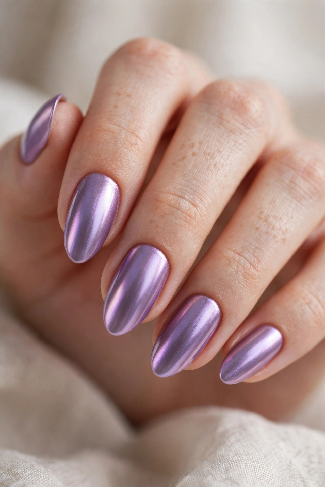 Lavender purple chrome nail designs with a dreamy metallic pastel shine