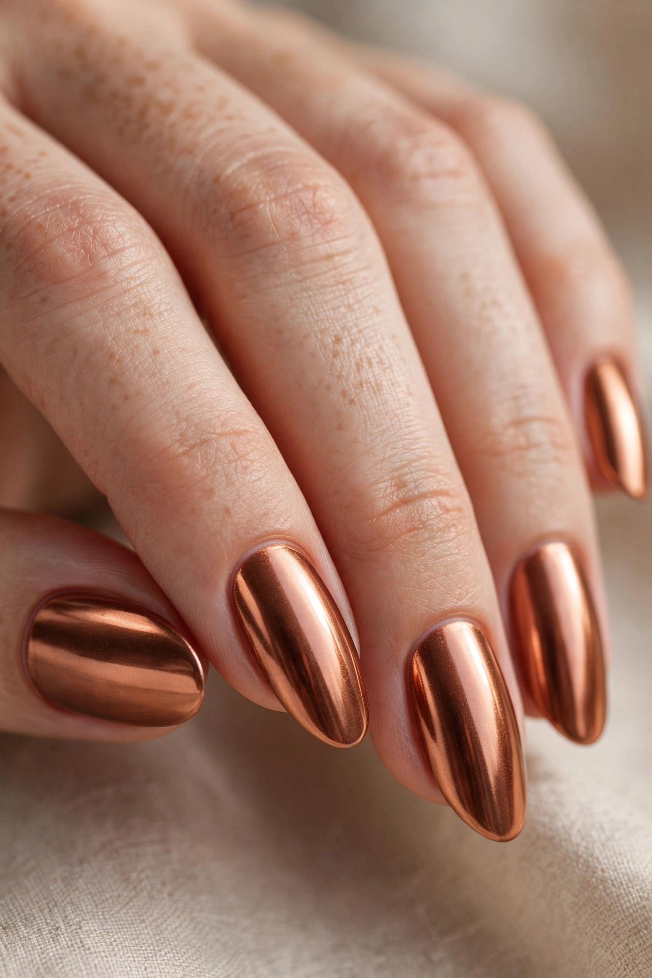 Copper bronze chrome nail designs with a warm metallic mirror shine