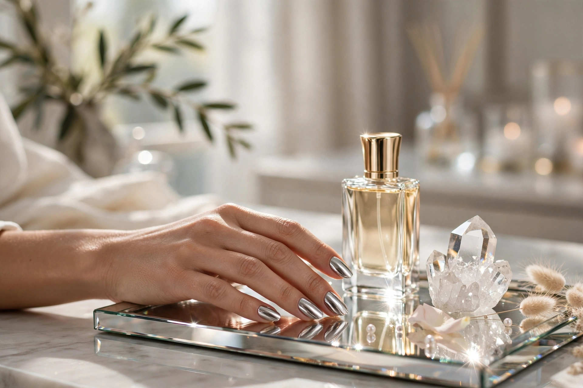 Shiny chrome nail designs with mirror-like shine in silver and gold finishes
