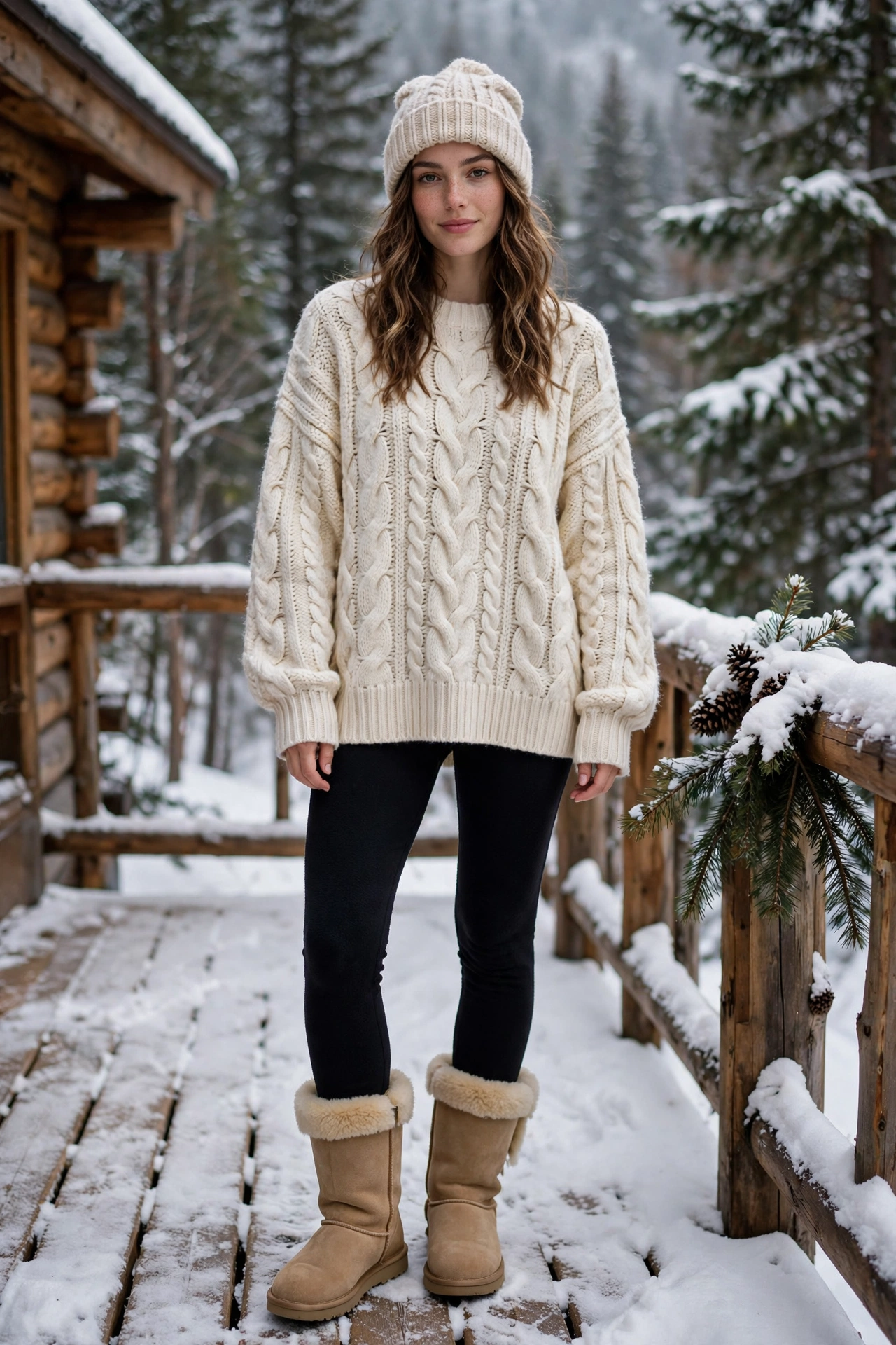 Woman wearing red buffalo plaid flannel shirt with black leggings and hiking boots at a mountain cabin