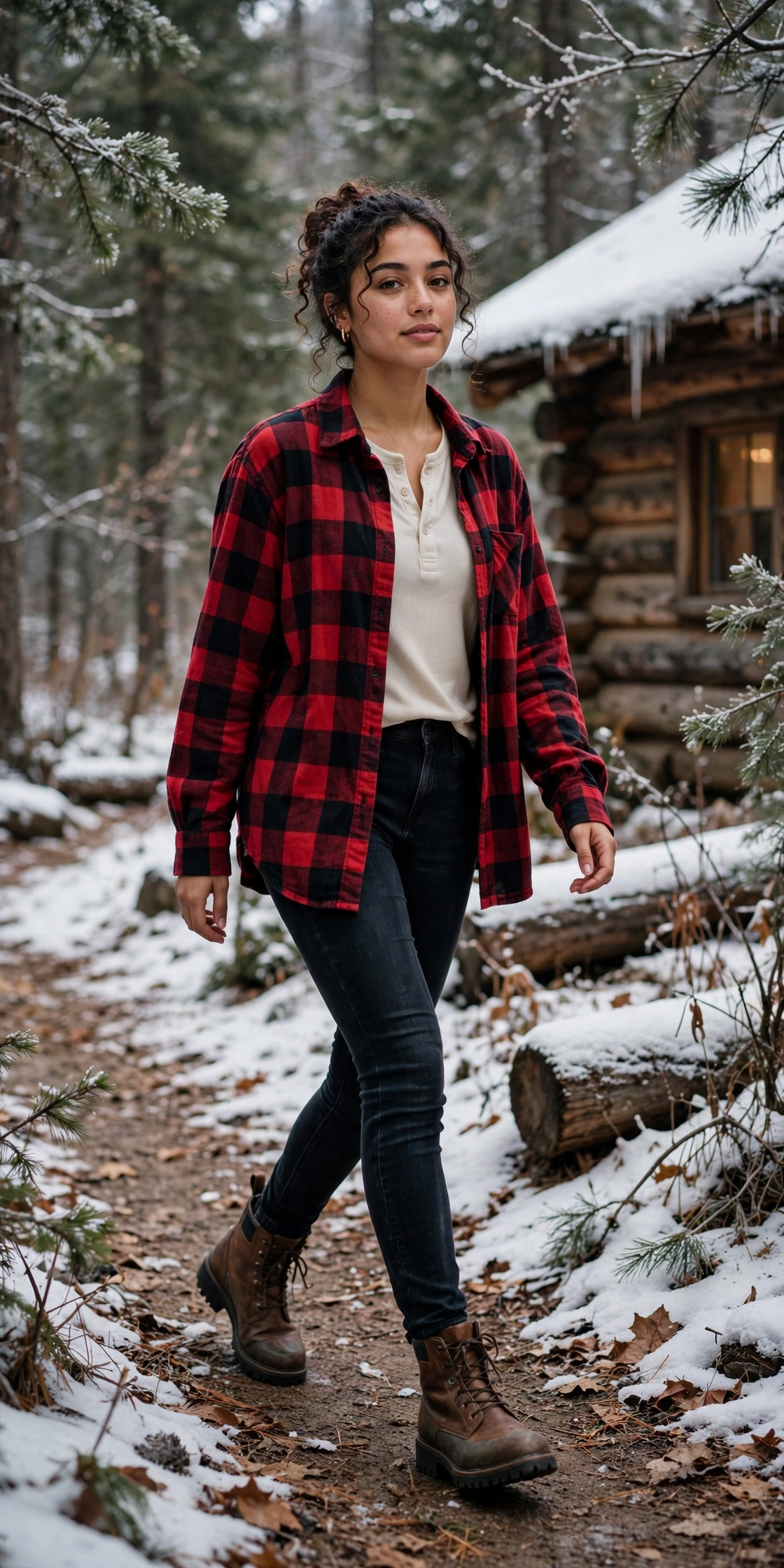 Woman in a chunky cream knit sweater with dark jeans and suede boots outside a log cabin