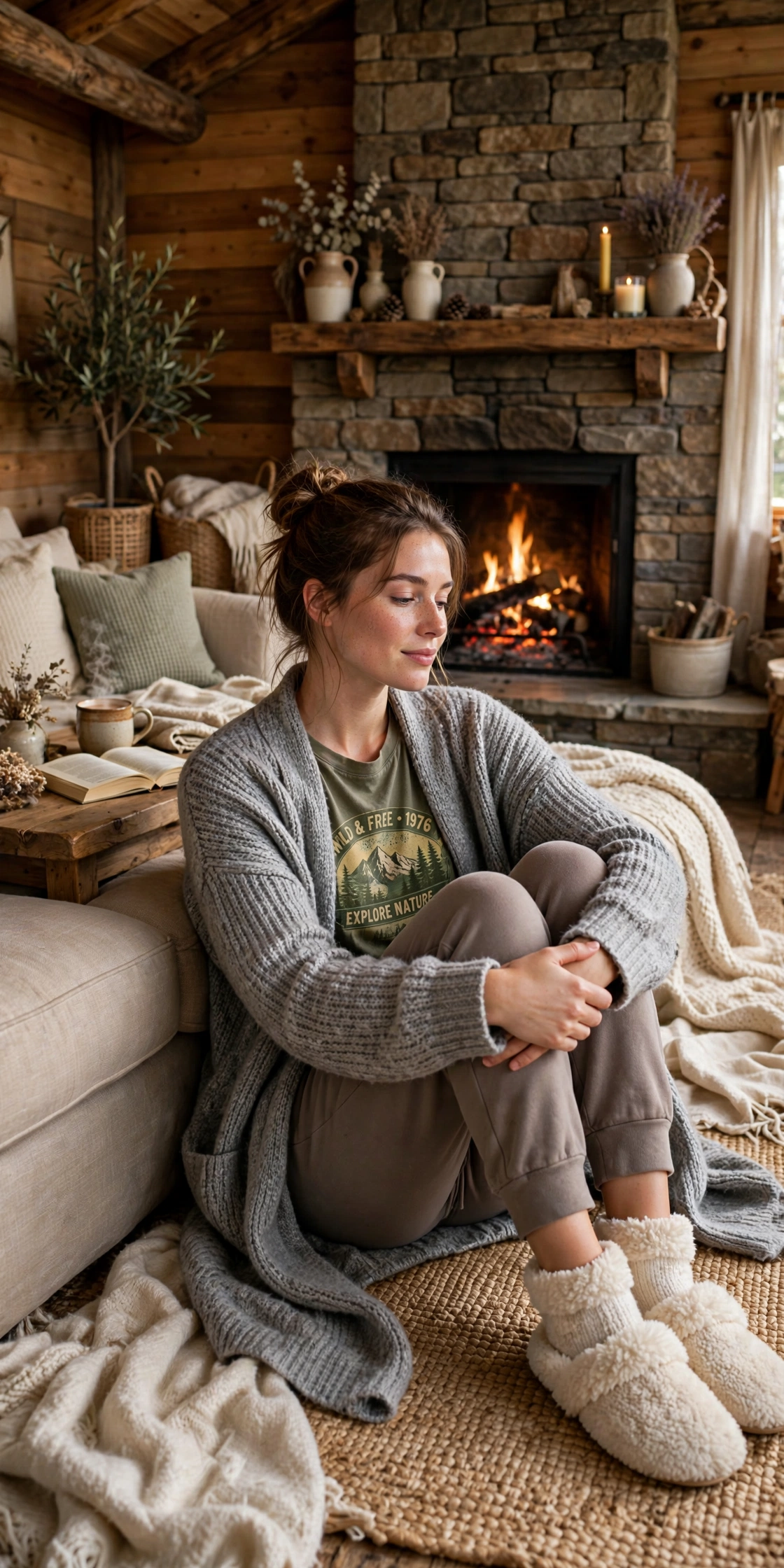 Woman wearing a fleece pullover with olive trail pants and a backpack on a forest hiking trail