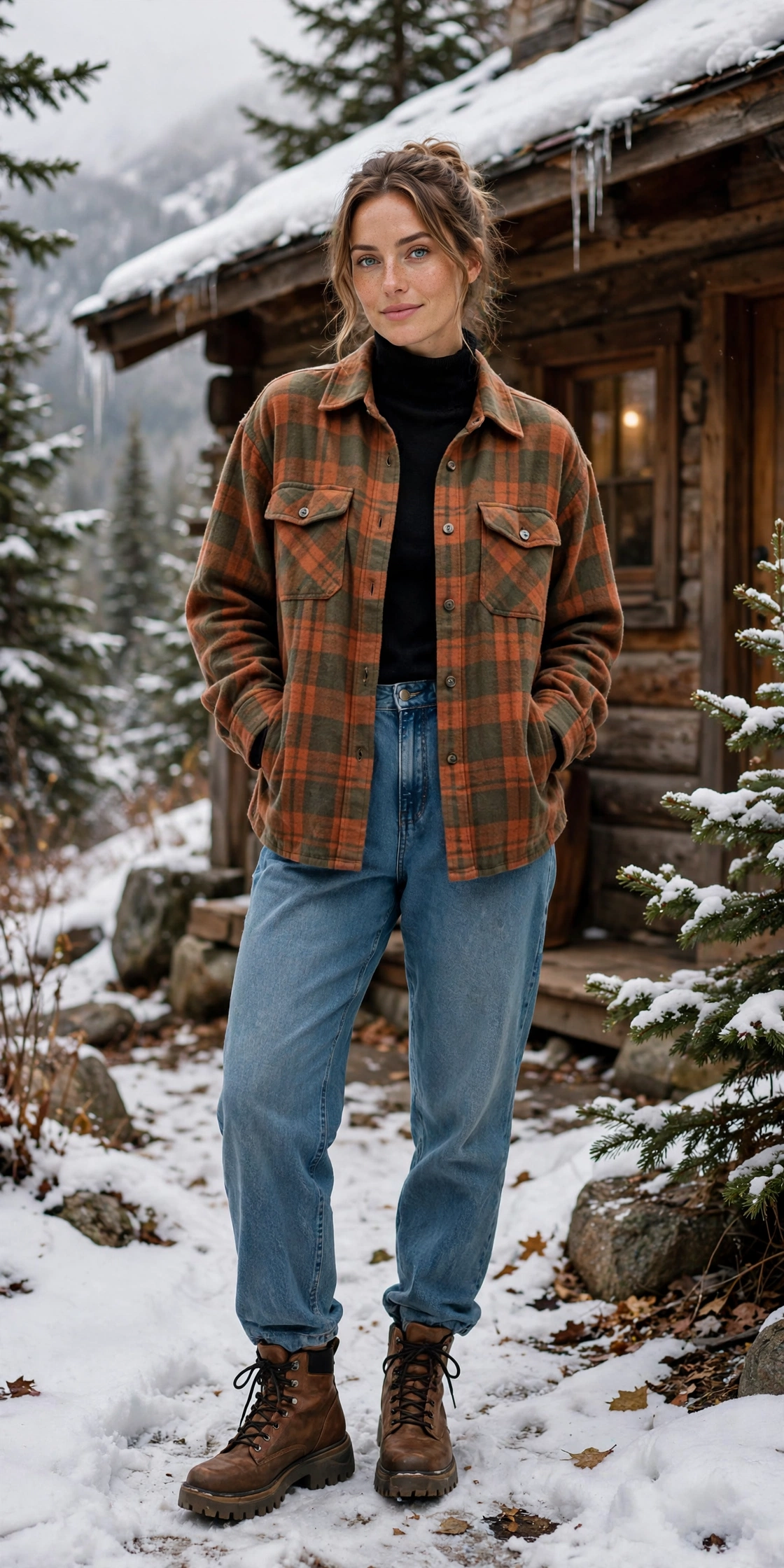Woman in a quilted puffer vest over a thermal henley with jeans and boots on a cabin deck