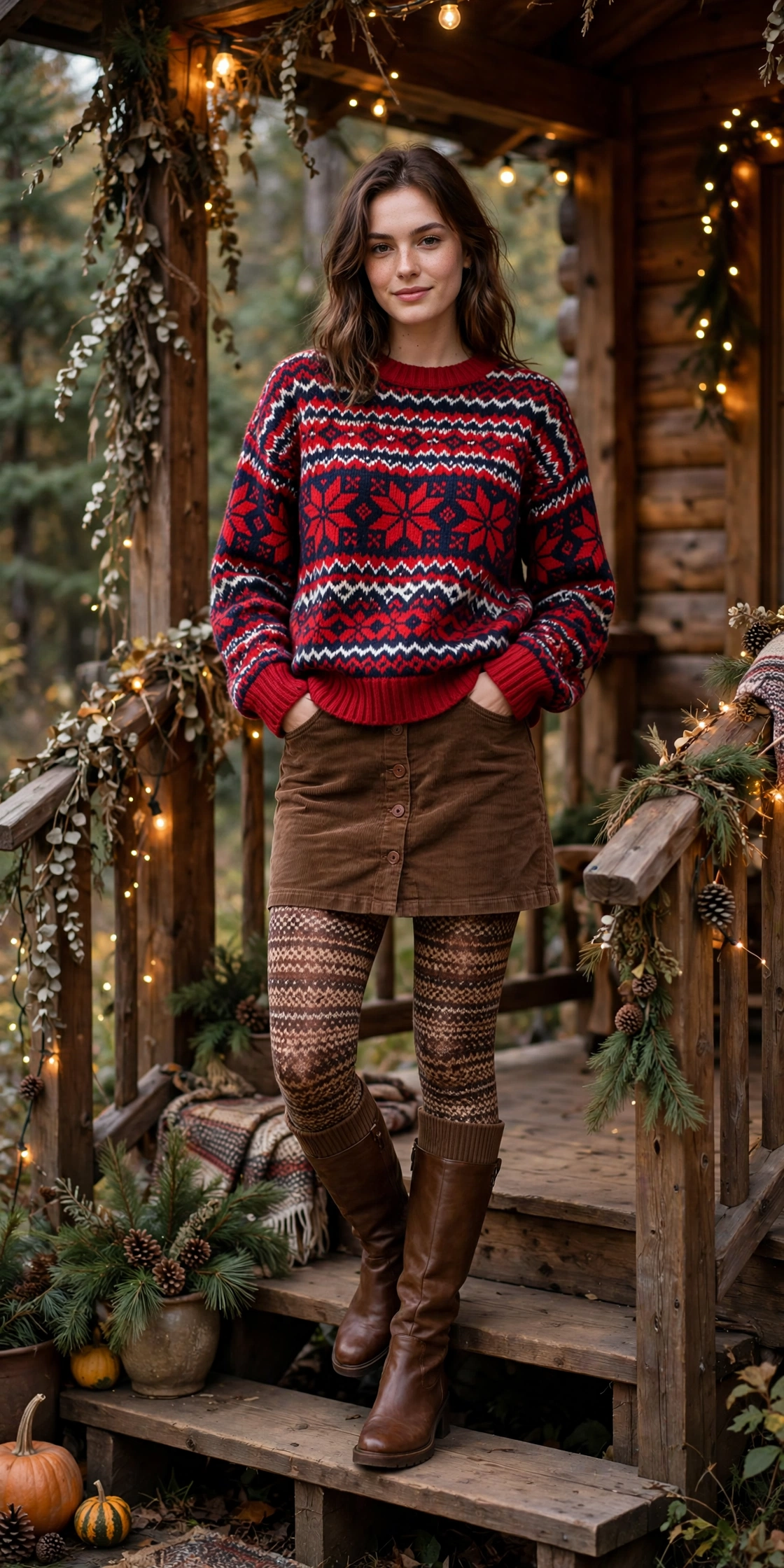 Woman wearing a cream sherpa trucker jacket with black jeans and brown boots at a cabin