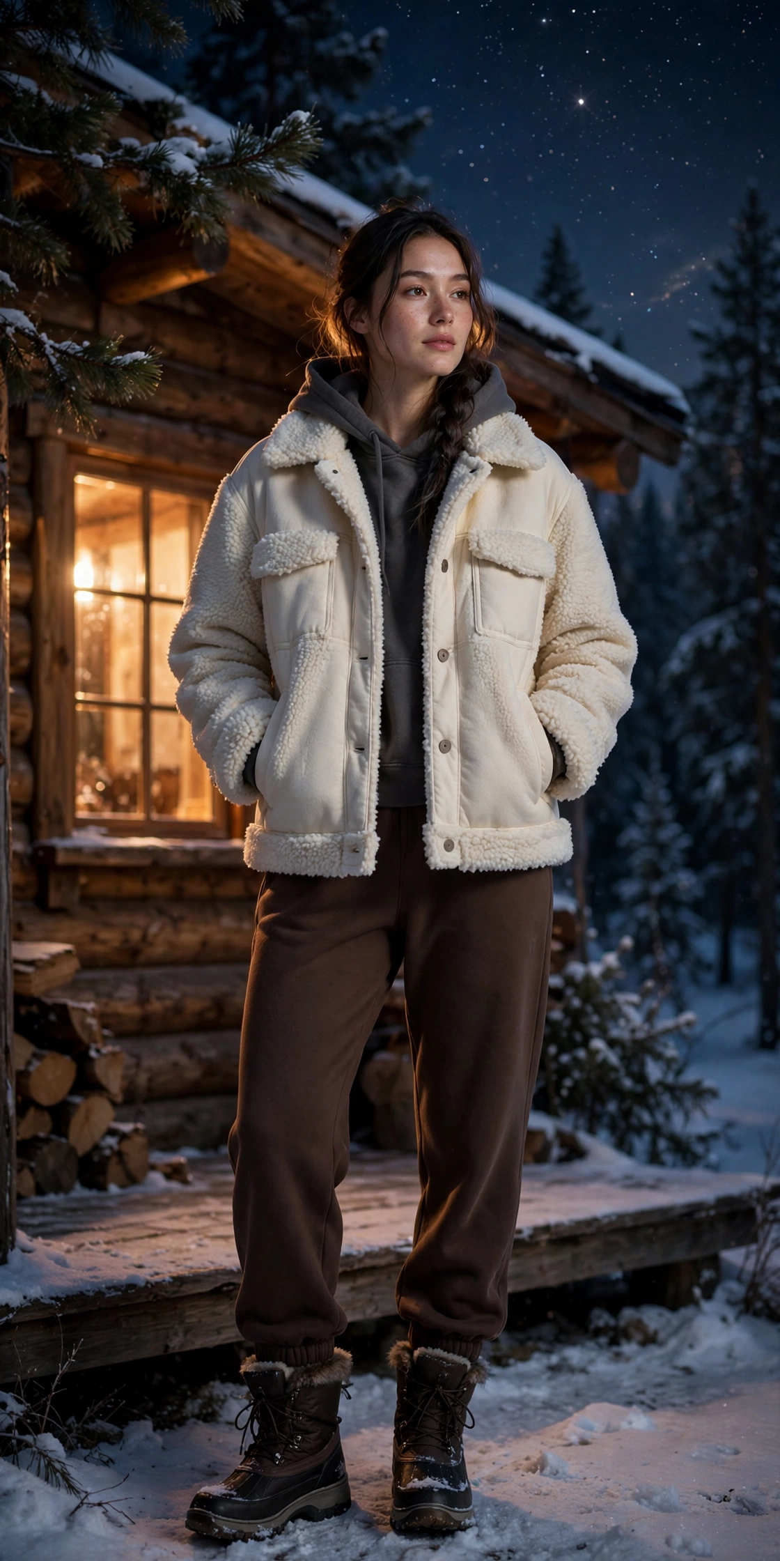Woman in an oversized knit cardigan with leggings and slipper boots holding coffee inside a rustic cabin