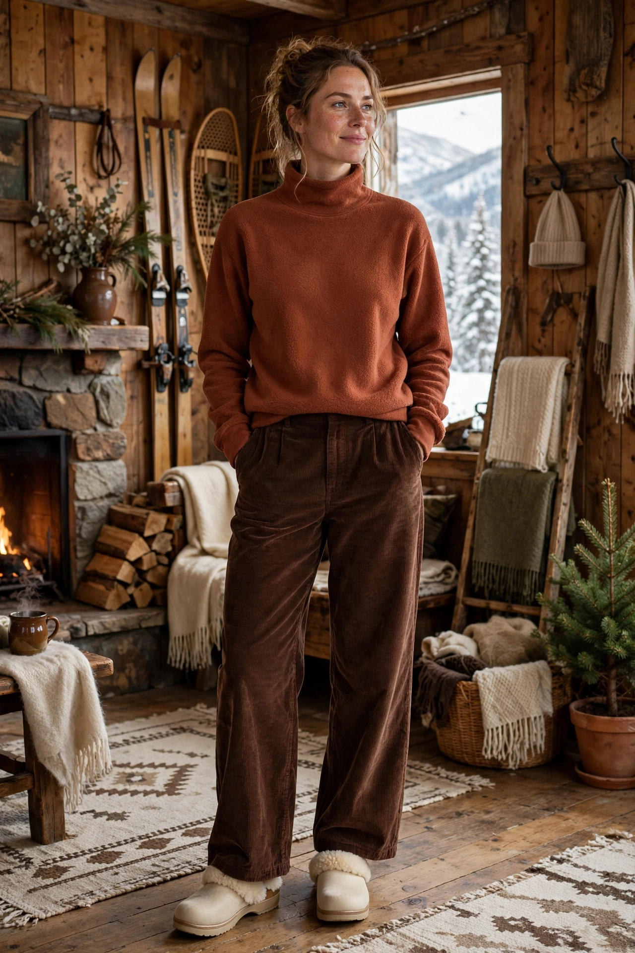 Woman in a cable-knit turtleneck sweater with a red plaid mini skirt, tights and boots
