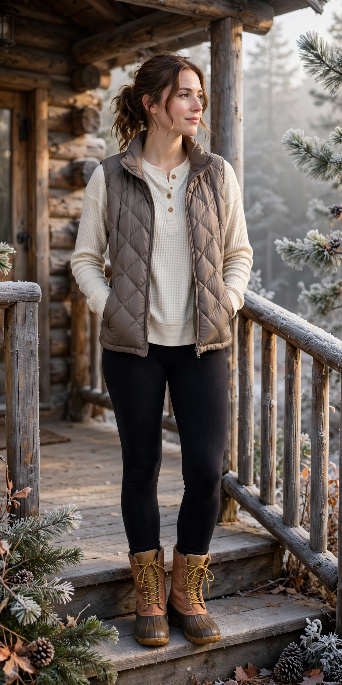 Woman in a hooded winter parka over a gray sweater and jeans with snow boots in a snowy forest